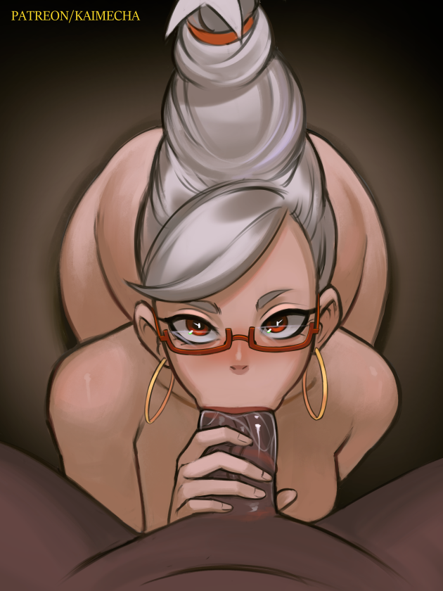 kaimecha, ayase seiko, dandadan, 1boy, 1girl, blush, breasts, dark-skinned male, dark skin, earrings, fellatio, glasses, gold earrings, hetero, hoop earrings, interracial, jewelry, large penis, lipstick mark, lipstick mark on penis, looking at viewer, mature female, medium breasts, oral, penis, red-framed eyewear, red eyes, red lips, solo focus, uncensored, veins, veiny penis, very dark skin, white hair