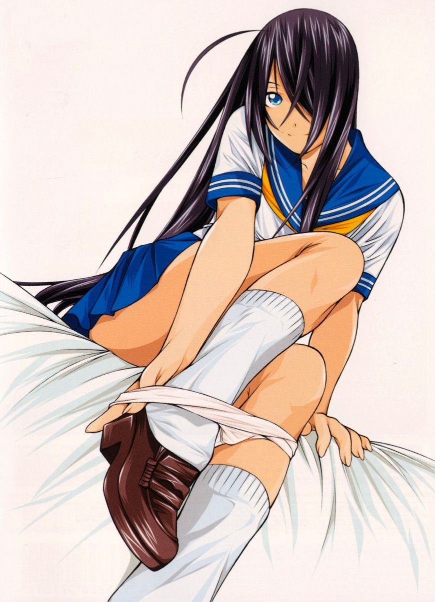shiozaki yuji, kan'u unchou, ikkitousen, highres, 00s, blue eyes, hair over one eye, long hair, panties, panty pull, purple hair, school uniform, serafuku, underwear