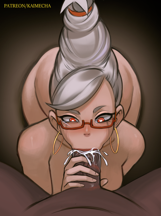 kaimecha, ayase seiko, dandadan, 1boy, 1girl, blush, breasts, cum, cum in mouth, cum overflow, dark-skinned male, dark skin, earrings, ejaculation, fellatio, glasses, gold earrings, heart, heart-shaped pupils, hetero, hoop earrings, interracial, jewelry, large penis, lipstick mark, lipstick mark on penis, looking at penis, mature female, medium breasts, oral, penis, red-framed eyewear, red eyes, red lips, solo focus, symbol-shaped pupils, uncensored, veins, veiny penis, very dark skin, white hair
