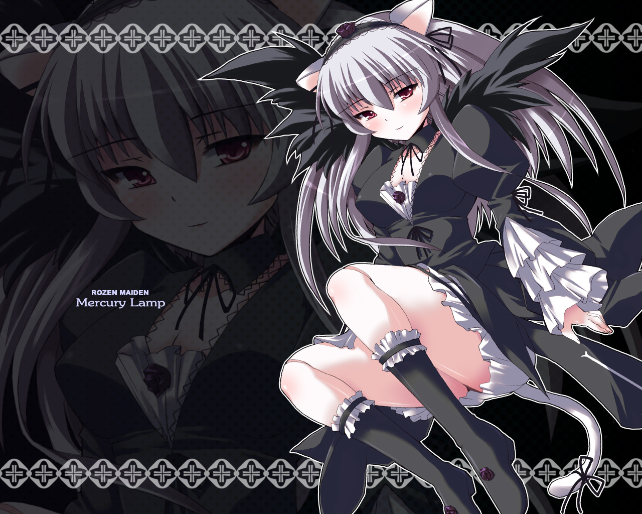 shinshin, suigintou, rozen maiden, 00s, animal ears, blush, cat ears, cat tail, long hair, skirt, solo, tail, wings