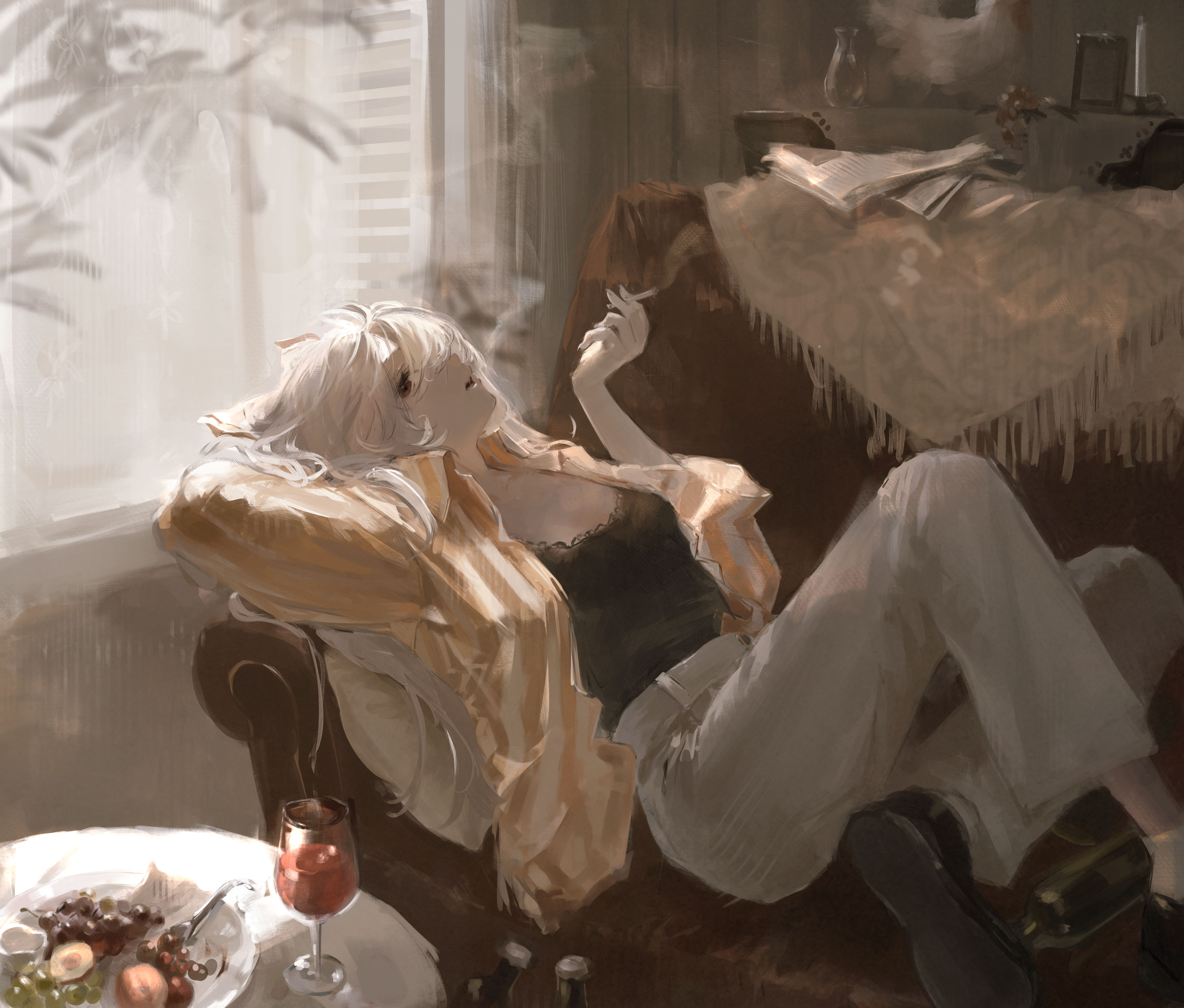 sawararado, fujiwara no mokou, touhou, absurdres, commentary, highres, 1girl, alternate costume, between fingers, black shoes, black tank top, bottle, cigarette, collared shirt, couch, cup, drinking glass, food, fruit, full body, grapes, holding, holding cigarette, long hair, long sleeves, on couch, open window, pants, plate, reclining, red eyes, shirt, shoes, smoke, smoking, socks, solo, striped clothes, striped shirt, table, tank top, white background, white pants, white socks, window, wine glass, yellow shirt