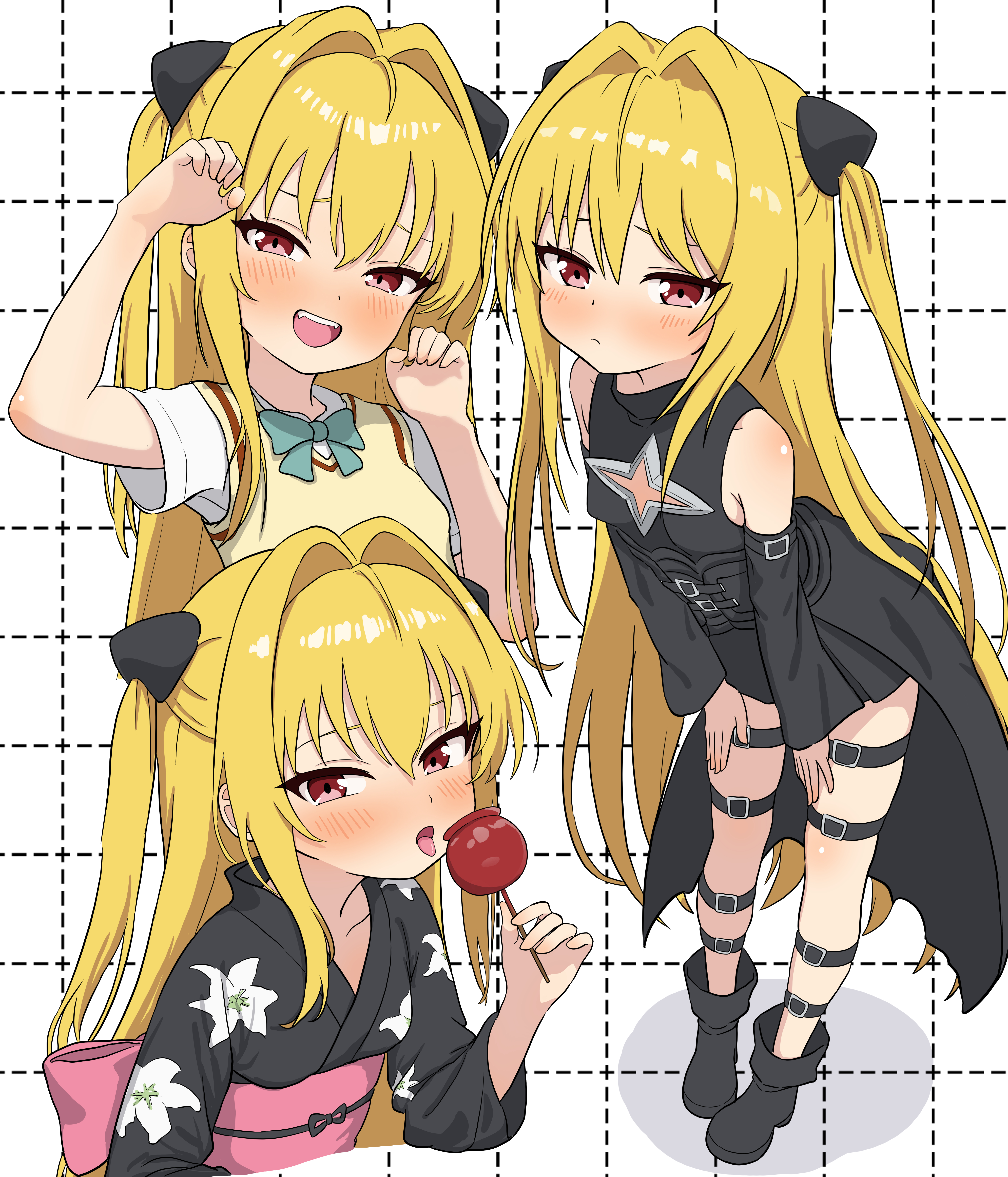 yoshikirino, konjiki no yami, to love-ru, to love-ru darkness, absurdres, highres, 1girl, blonde hair, breasts, food, hair intakes, japanese clothes, kimono, long hair, looking at viewer, mesugaki, multiple views, obi, red eyes, sash, small breasts, thigh strap