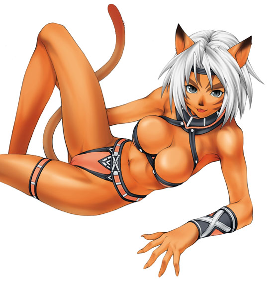 koyuki yoshino, mithra (ff11), final fantasy, final fantasy xi, square enix, md5 mismatch, 00s, 1girl, animal ears, bracer, breasts, cat ears, cat girl, cat tail, cleavage, female focus, midriff, short hair, simple background, solo, tail, thigh strap, white background