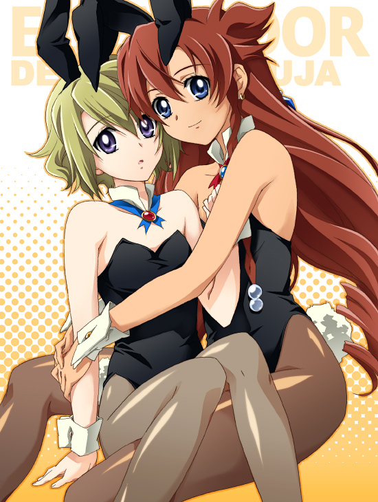 saipaco, ellis, ellis (el cazador de la bruja), nadie, el cazador de la bruja, 00s, 2girls, animal ears, asymmetrical hair, bare shoulders, brown hair, detached collar, fake animal ears, hair between eyes, hair ornament, hug, leotard, long hair, multiple girls, pantyhose, playboy bunny, rabbit ears, rabbit tail, short hair, yellow background, yuri