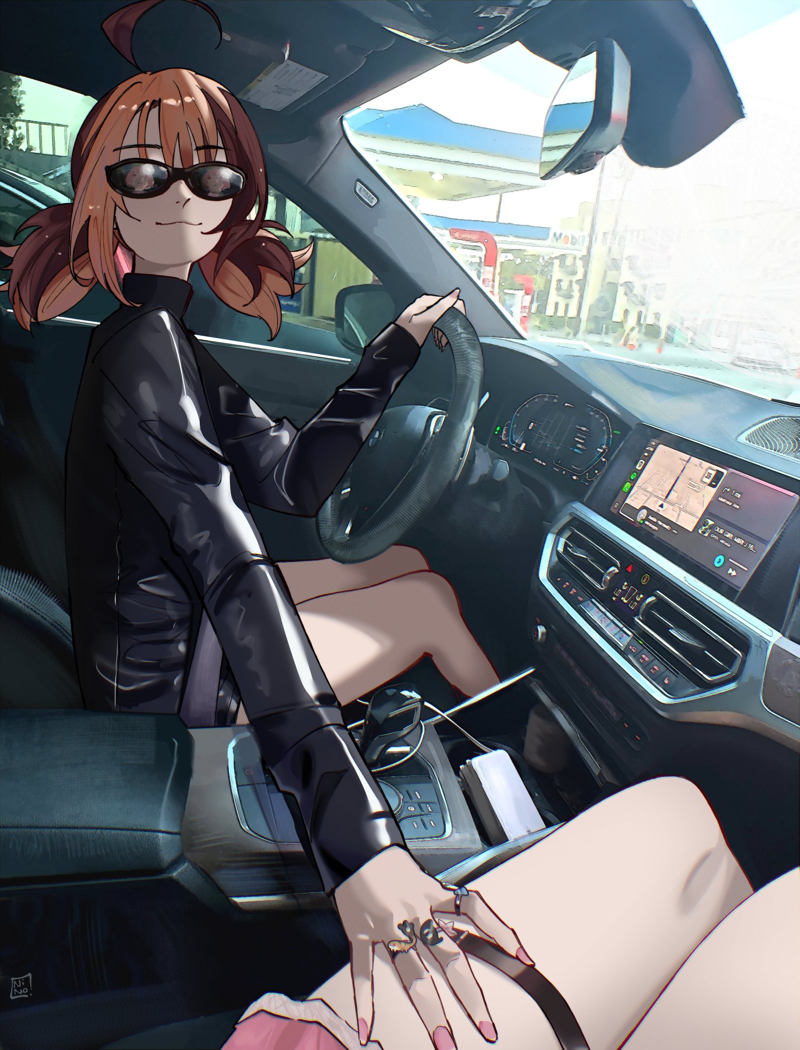 ninochuu, gigi murin, grem (gigi murin), mori calliope, hololive, hololive english, highres, 2girls, ahoge, blonde hair, brown hair, car interior, car seat, driving, hand on another's thigh, jewelry, left-hand drive, looking at viewer, motor vehicle, multicolored hair, multiple girls, rear-view mirror, reflection, ring, seatbelt, short hair, sitting, steering wheel, sunglasses, thighs, twintails, two-tone hair, vehicle interior, virtual youtuber