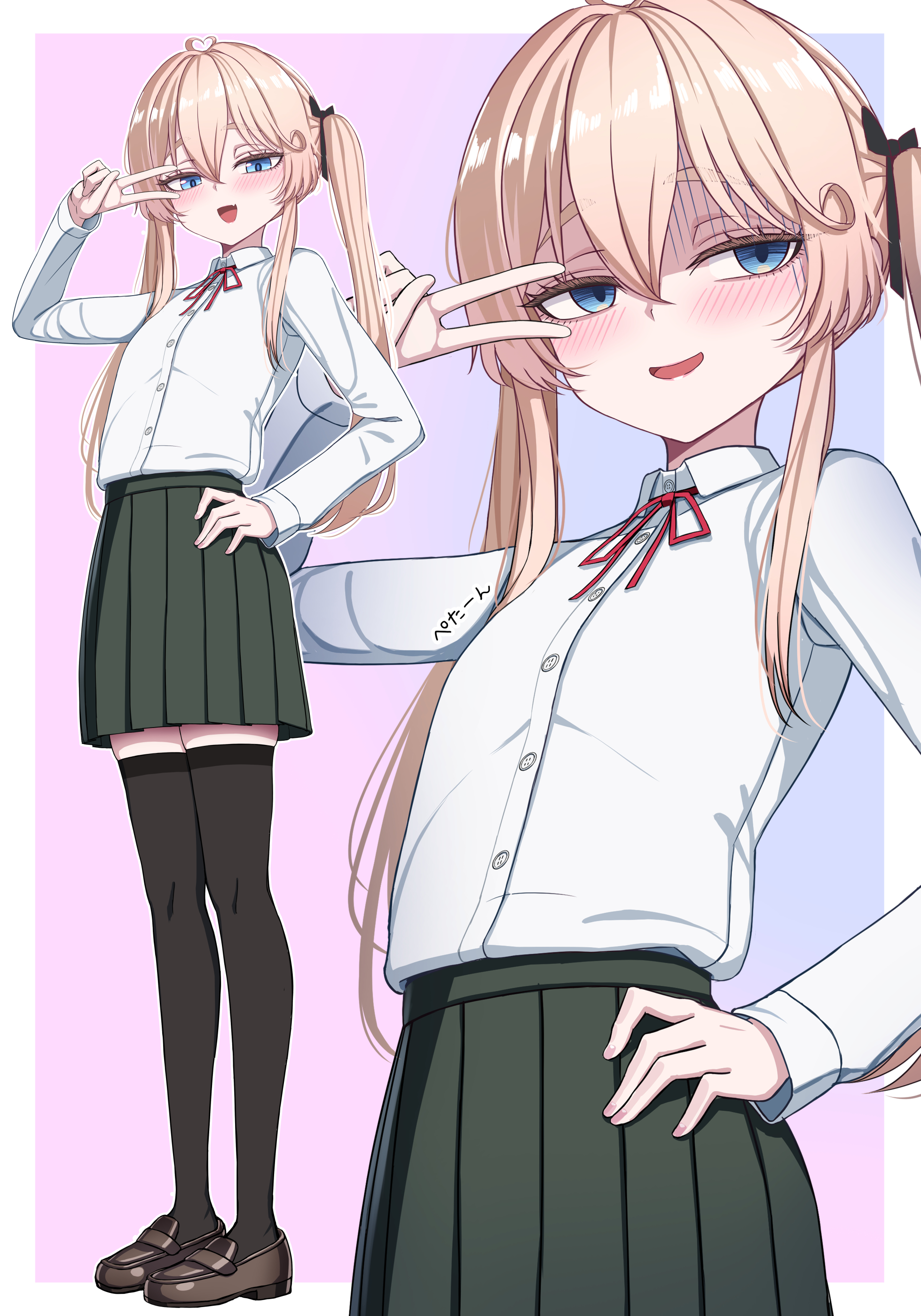 yakob labo, original, absurdres, highres, 1girl, black thighhighs, blonde hair, blue eyes, brown shoes, collared shirt, green skirt, hair between eyes, hand on own hip, long hair, long sleeves, looking at viewer, neck ribbon, open mouth, pleated skirt, red ribbon, ribbon, shirt, shirt tucked in, shoes, skirt, smile, standing, thighhighs, v, white shirt