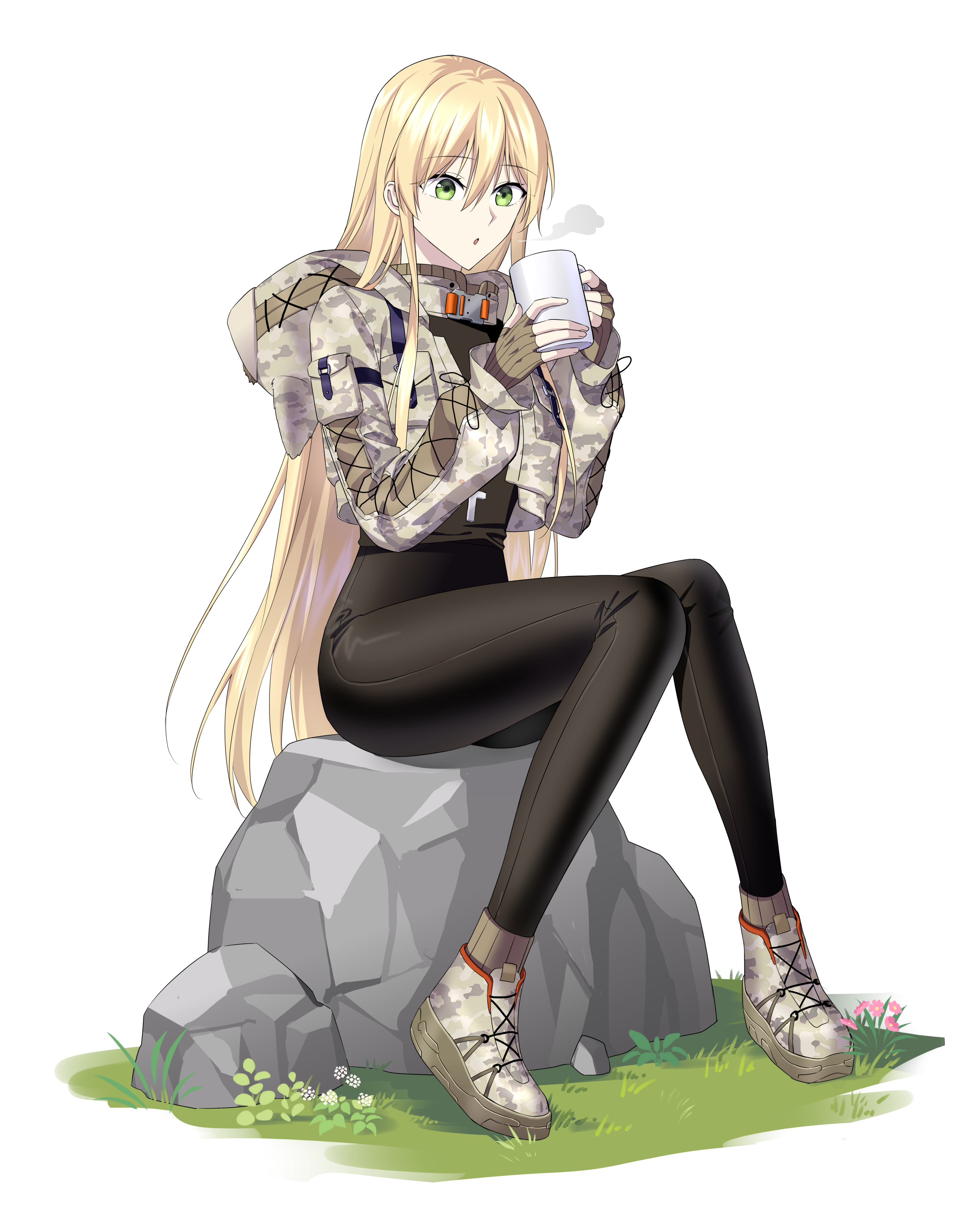 suprii, stg44 (girls' frontline), girls' frontline, absurdres, commentary, english commentary, highres, 1girl, :o, alternate costume, animal ear hood, arm pouch, black leggings, blonde hair, blowing, blowing on food, boots, brown gloves, brown socks, brown sweater, camouflage, camouflage footwear, camouflage jacket, cropped jacket, cup, fake animal ears, fingerless gloves, fingernails, flower, full body, gloves, grass, green eyes, hair between eyes, holding, holding cup, hood, hood down, hooded jacket, jacket, leggings, long hair, long sleeves, parted lips, plant, pouch, rock, sidelocks, simple background, sitting, socks, solo, sweater, very long hair, white background