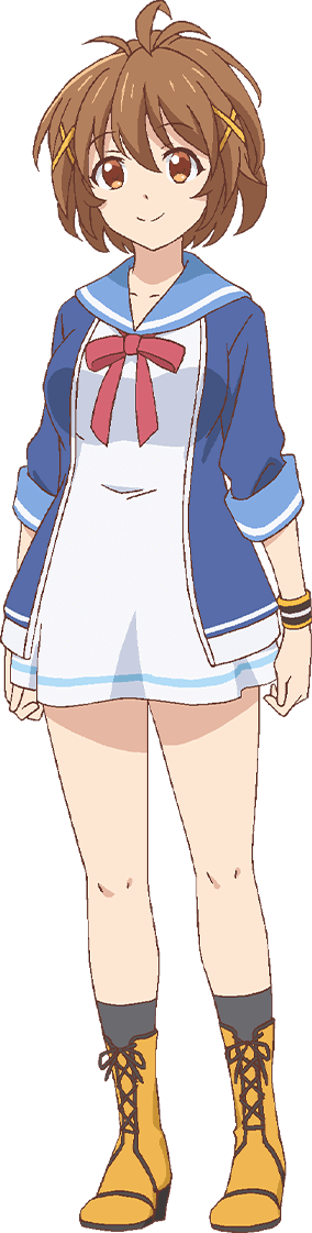 satou takeshi, akesaka serina, irodorimidori, official art, 1girl, ahoge, anime coloring, black socks, blue sailor collar, boots, breasts, brown hair, closed mouth, collarbone, dress, full body, hair ornament, large breasts, long sleeves, looking at viewer, ponytail, red ribbon, ribbon, sailor collar, sailor dress, school uniform, short hair, simple background, sleeves rolled up, smile, socks, solo, standing, tachi-e, thighs, transparent background, wristband, x hair ornament, yellow boots