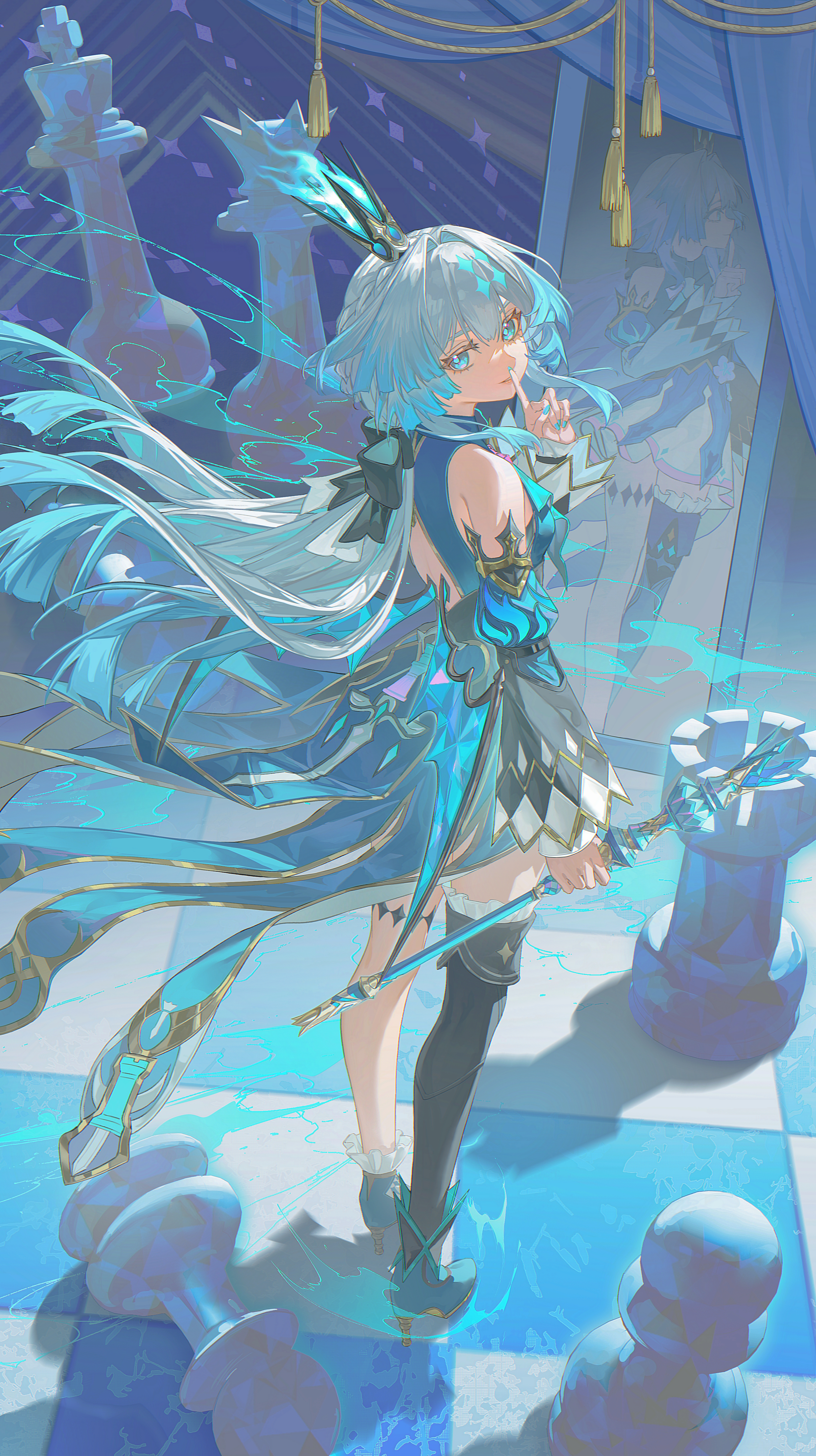 tian nima, cerydra (honkai: star rail), honkai: star rail, honkai (series), absurdres, commentary request, highres, 1girl, aqua eyes, aqua hair, aqua nails, blue shoes, chess piece, chessboard, crown, detached sleeves, finger to mouth, full-length mirror, full body, grey hair, hair intakes, high heels, holding, holding scepter, index finger raised, king (chess), long hair, looking at viewer, looking back, mini crown, mirror, nail polish, parted lips, pawn (chess), queen (chess), rook (chess), scepter, shadow, shoes, shushing, single thighhigh, solo, standing, tassel, thighhighs, very long hair