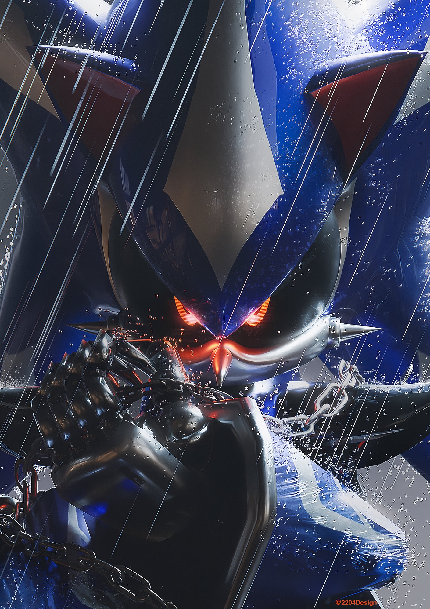 2204design, metal sonic, neo metal sonic, sonic (series), sonic heroes, blender (medium), commentary, english commentary, highres, 1boy, chain, close-up, glowing, glowing eyes, holding, holding chain, looking at viewer, mecha, no humans, rain, red eyes, robot, science fiction, solo, spikes, super robot, upper body