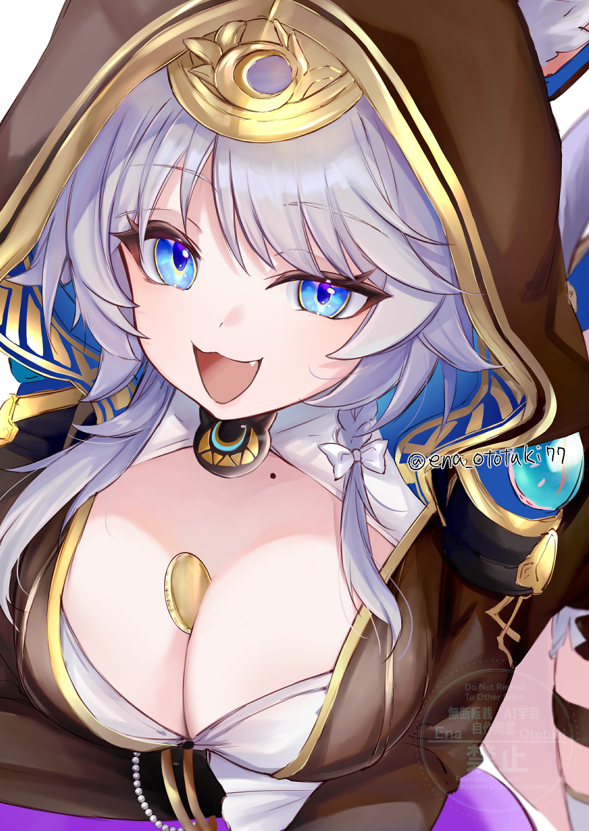 ototuki ena, cipher (honkai: star rail), honkai: star rail, honkai (series), highres, 1girl, :d, animal ear fluff, animal ears, blue eyes, braid, breasts, cat ears, cat girl, cleavage, grey hair, hood, hood up, large breasts, looking at viewer, mole, mole on breast, open mouth, smile