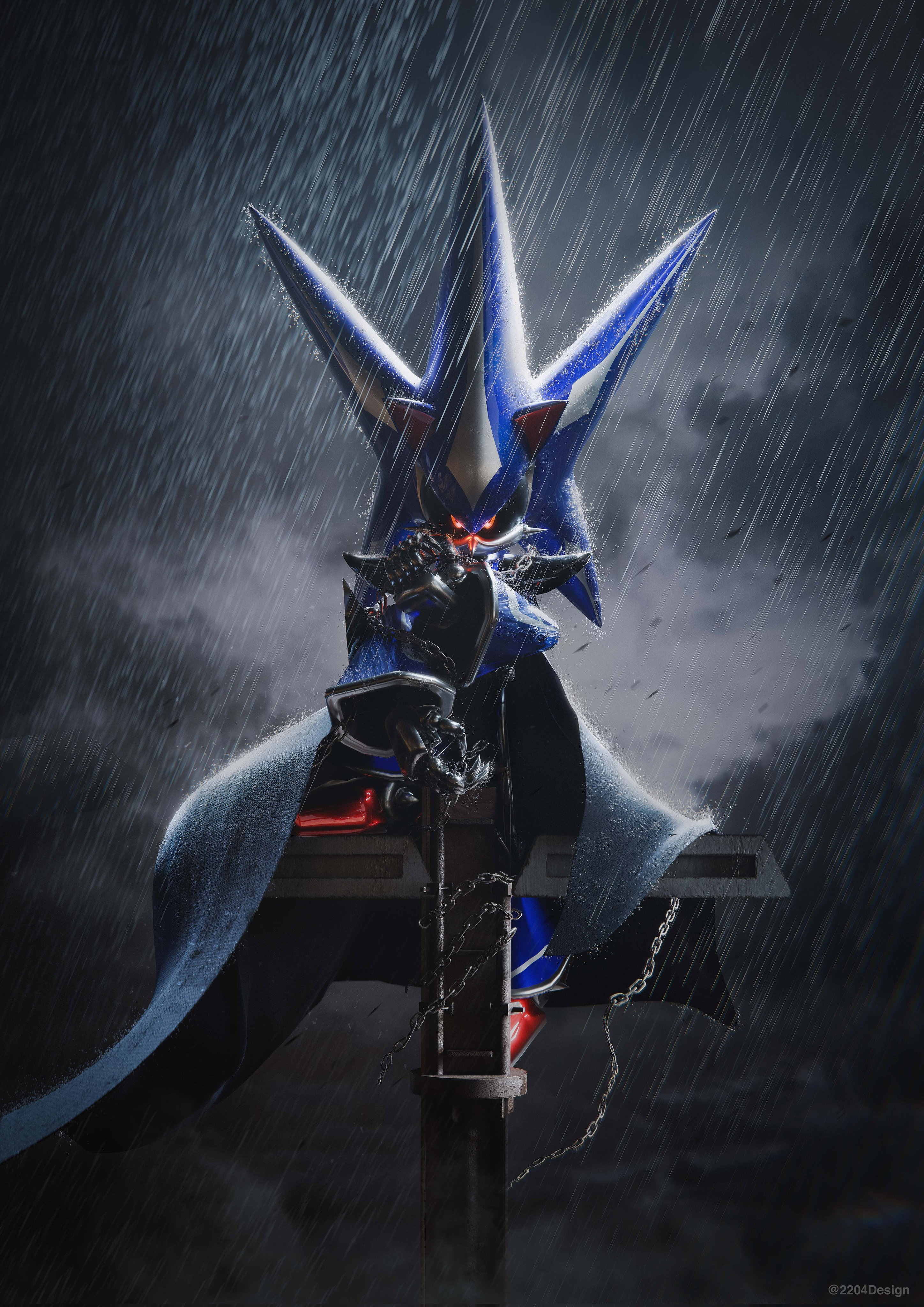2204design, metal sonic, neo metal sonic, sonic (series), sonic heroes, absurdres, blender (medium), commentary, english commentary, highres, 1boy, black coat, chain, coat, full body, glowing, glowing eyes, holding, holding chain, looking at viewer, mecha, no humans, rain, red eyes, red shoes, robot, science fiction, shoes, solo, spikes, super robot