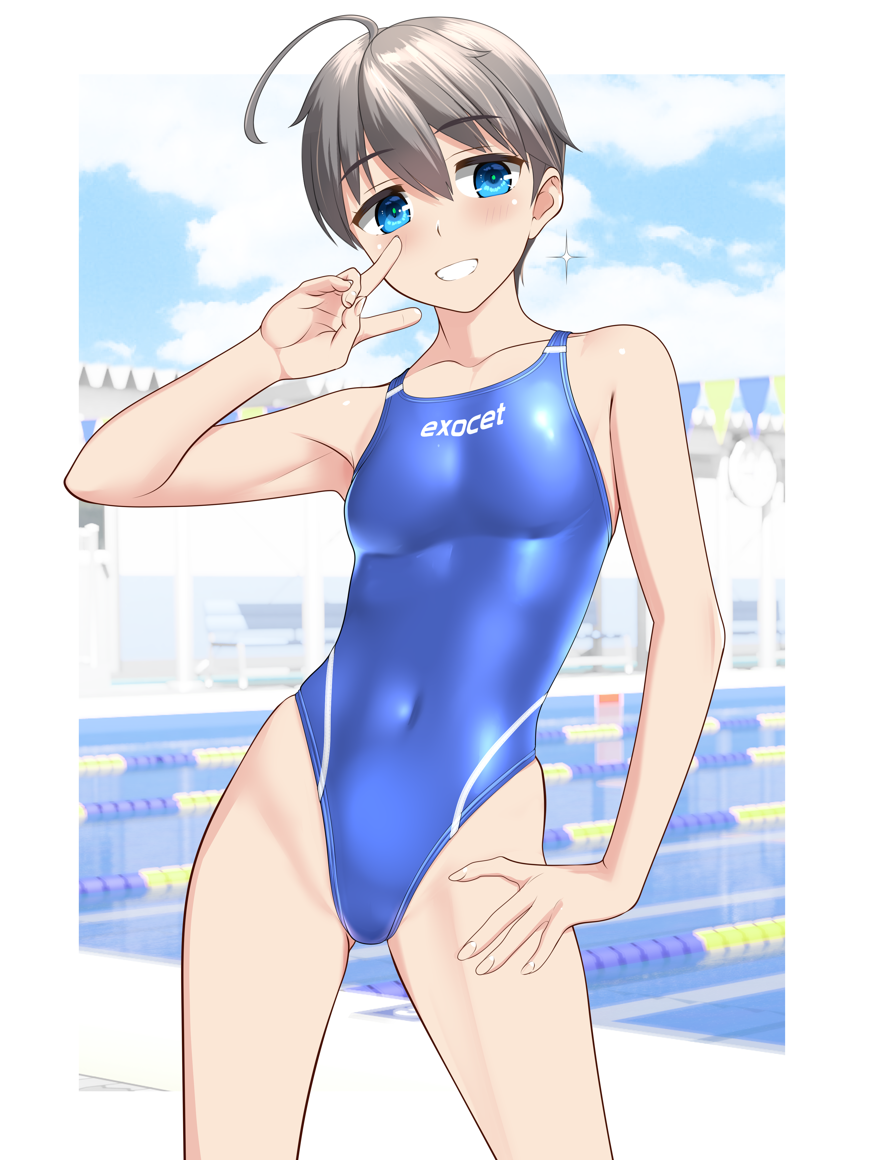 takafumi, original, absurdres, commentary request, highres, paid reward available, variant set, 1girl, ahoge, blue eyes, blue one-piece swimsuit, breasts, competition swimsuit, contrapposto, covered navel, cowboy shot, grey hair, grin, looking at viewer, one-piece swimsuit, parted lips, short hair, small breasts, smile, solo, swimsuit, teeth, v