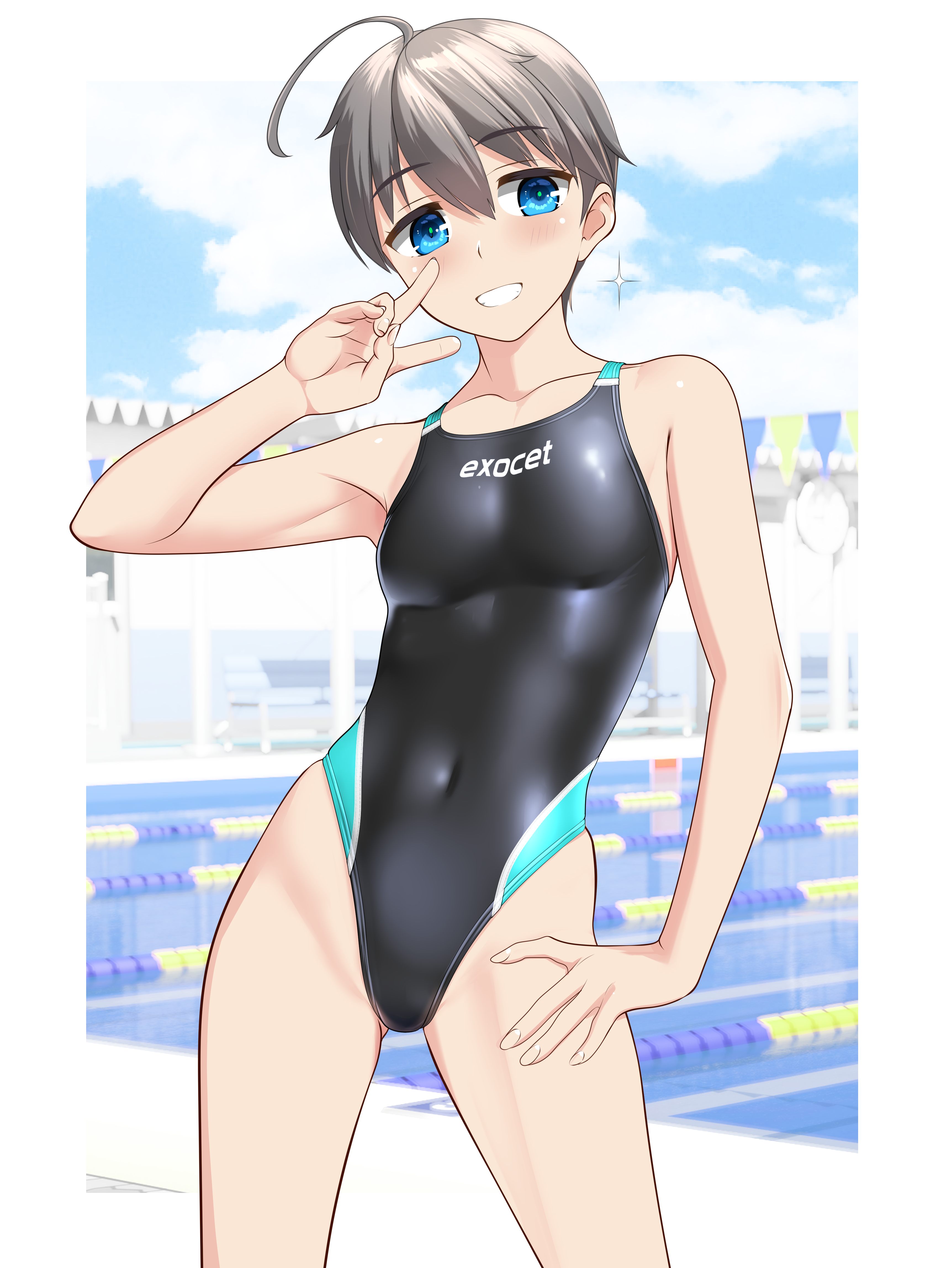 takafumi, original, absurdres, commentary request, highres, paid reward available, variant set, 1girl, ahoge, black one-piece swimsuit, blue eyes, breasts, competition swimsuit, contrapposto, covered navel, cowboy shot, grey hair, grin, looking at viewer, one-piece swimsuit, parted lips, short hair, small breasts, smile, solo, swimsuit, teeth, v