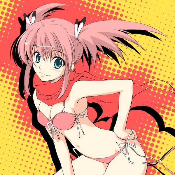 kikurage (plastic people), original, 1girl, bikini, female focus, green eyes, long hair, pink bikini, pink hair, scarf, side-tie bikini bottom, solo, swimsuit, twintails