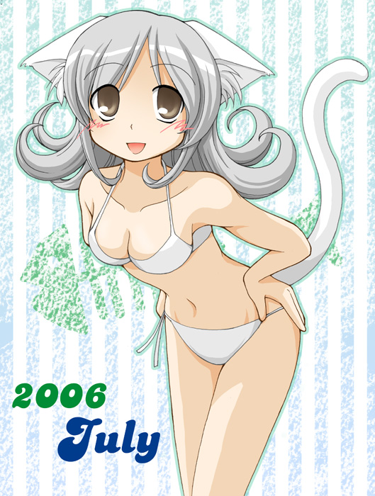 animal ears, bikini, blush, cat ears, cat tail, long hair, swimsuit, tail