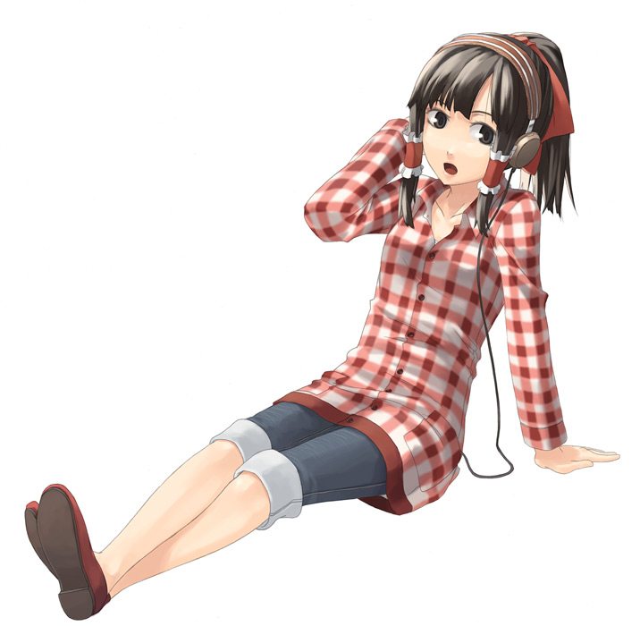 itsutsu, hakurei reimu, touhou, 1girl, casual, contemporary, female focus, flannel, frilled hair tubes, frills, full body, hair tubes, headphones, plaid clothes, plaid shirt, shirt, short hair, simple background, solo, white background