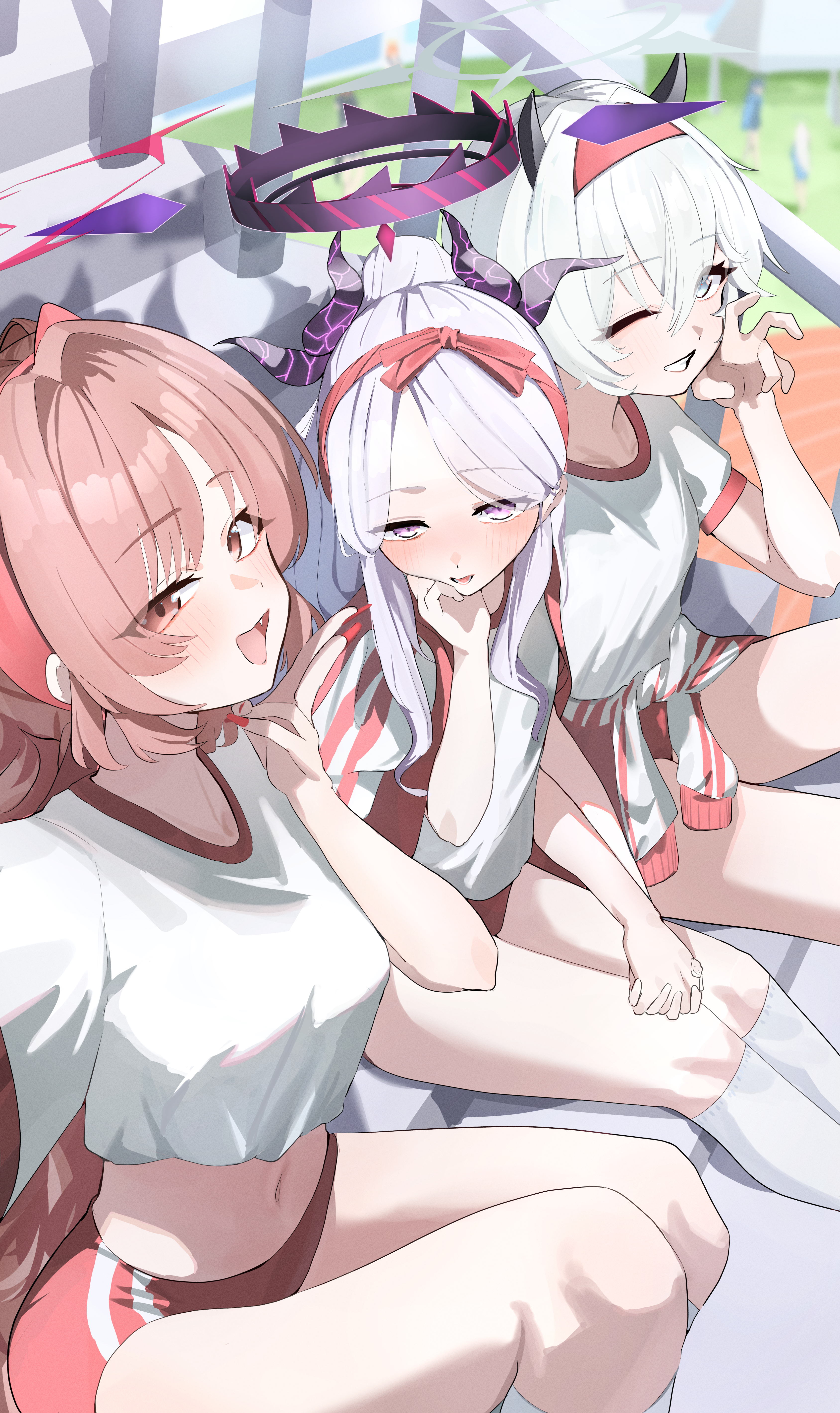 kumakono, erika (blue archive), hasumi (blue archive), hasumi (track) (blue archive), himari (blue archive), hina (blue archive), kirara (blue archive), mari (blue archive), mari (track) (blue archive), noa (blue archive), yuuka (blue archive), yuuka (track) (blue archive), blue archive, absurdres, highres, 6+girls, ahoge, alternate costume, alternate hairstyle, blurry, blurry background, blush, breasts, brown eyes, brown hair, buruma, day, demon girl, demon horns, fingernails, gyaru, gym uniform, hairband, headband, horns, jacket, jacket on shoulders, kogal, long fingernails, long hair, looking at viewer, midriff, multiple girls, navel, no halo, on grass, one eye closed, outdoors, ponytail, purple eyes, purple hair, red buruma, red eyes, red hair, red hairband, red headband, red nails, running track, selfie, short hair, sitting, sitting on stairs, small breasts, socks, stairs, stomach, teeth, thighs, tied jacket, v, white eyes, white hair, white socks