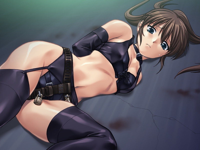 kanzaki naoya, kagura risa, carmine (company), noise (eroge), game cg, 1girl, armbinder, arms behind back, bdsm, blue eyes, bondage, bound, bound arms, breasts, brown hair, chastity belt, collar, female focus, floor, garter belt, indoors, leather, lock, lying, midriff, on side, padlock, short hair, slave, solo, sweat, thighhighs
