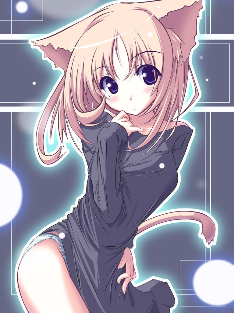 senmu (senmudayo), original, 1girl, animal ears, blonde hair, blue eyes, blue panties, blue theme, blush, cat ears, cat tail, dress, female focus, halo, no pants, panties, pantyshot, short hair, skirt, solo, standing, striped clothes, striped panties, sweater, sweater dress, tail, underwear, upskirt