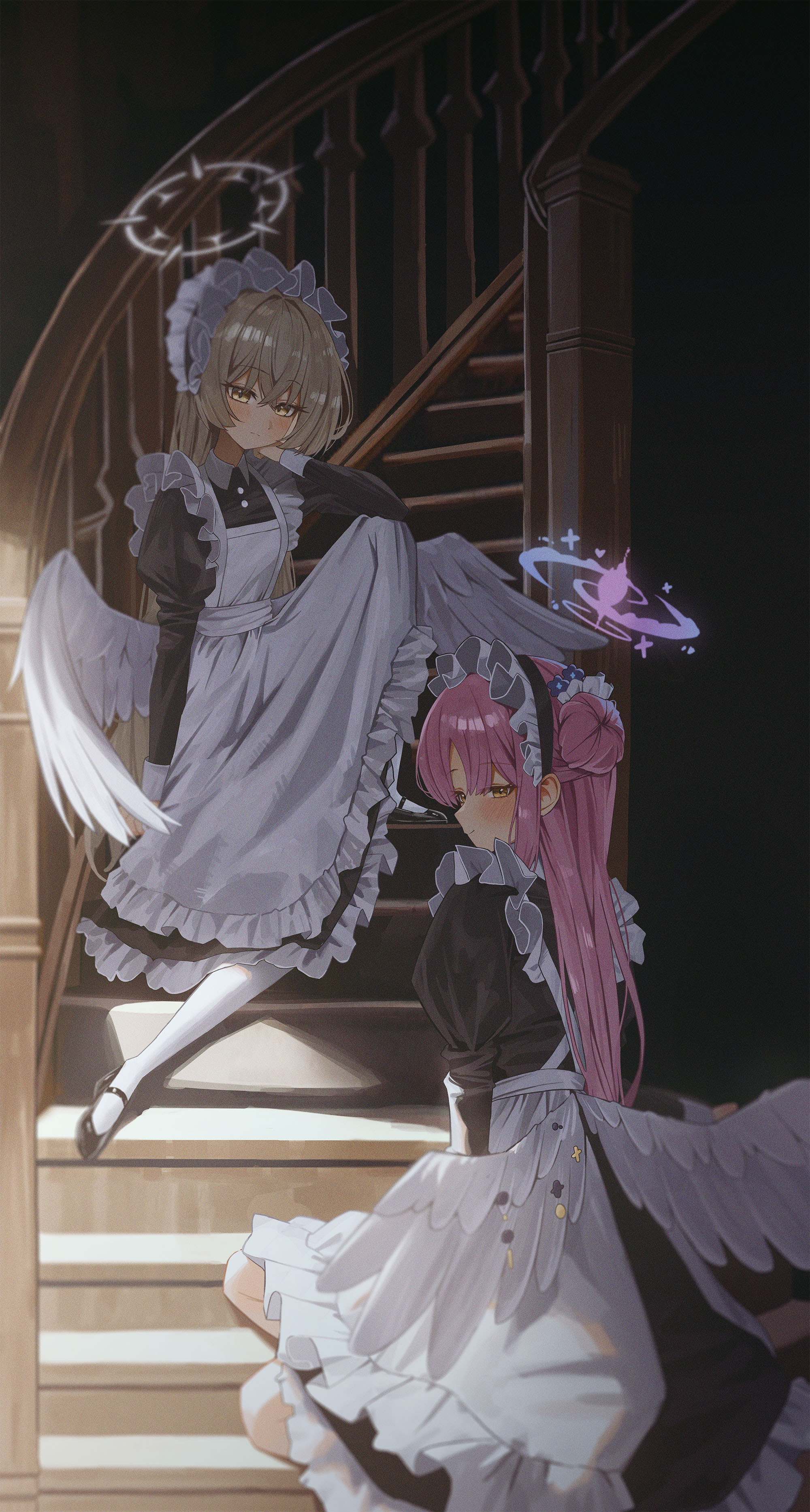 mika (blue archive), nagisa (blue archive), blue archive, absurdres, highres, 1girl, 2girls, alternate costume, apron, black dress, black shoes, blonde hair, blush, closed mouth, crossed bangs, dress, hair between eyes, hair bun, hair ornament, hair scrunchie, halo, high heels, long hair, looking at viewer, maid, maid apron, maid headdress, multiple girls, pantyhose, pink hair, purple halo, scrunchie, shoes, sidelocks, single side bun, sitting, sitting on stairs, smile, solo, stairs, sweetcho, white apron, white halo, white pantyhose, white scrunchie, yellow eyes