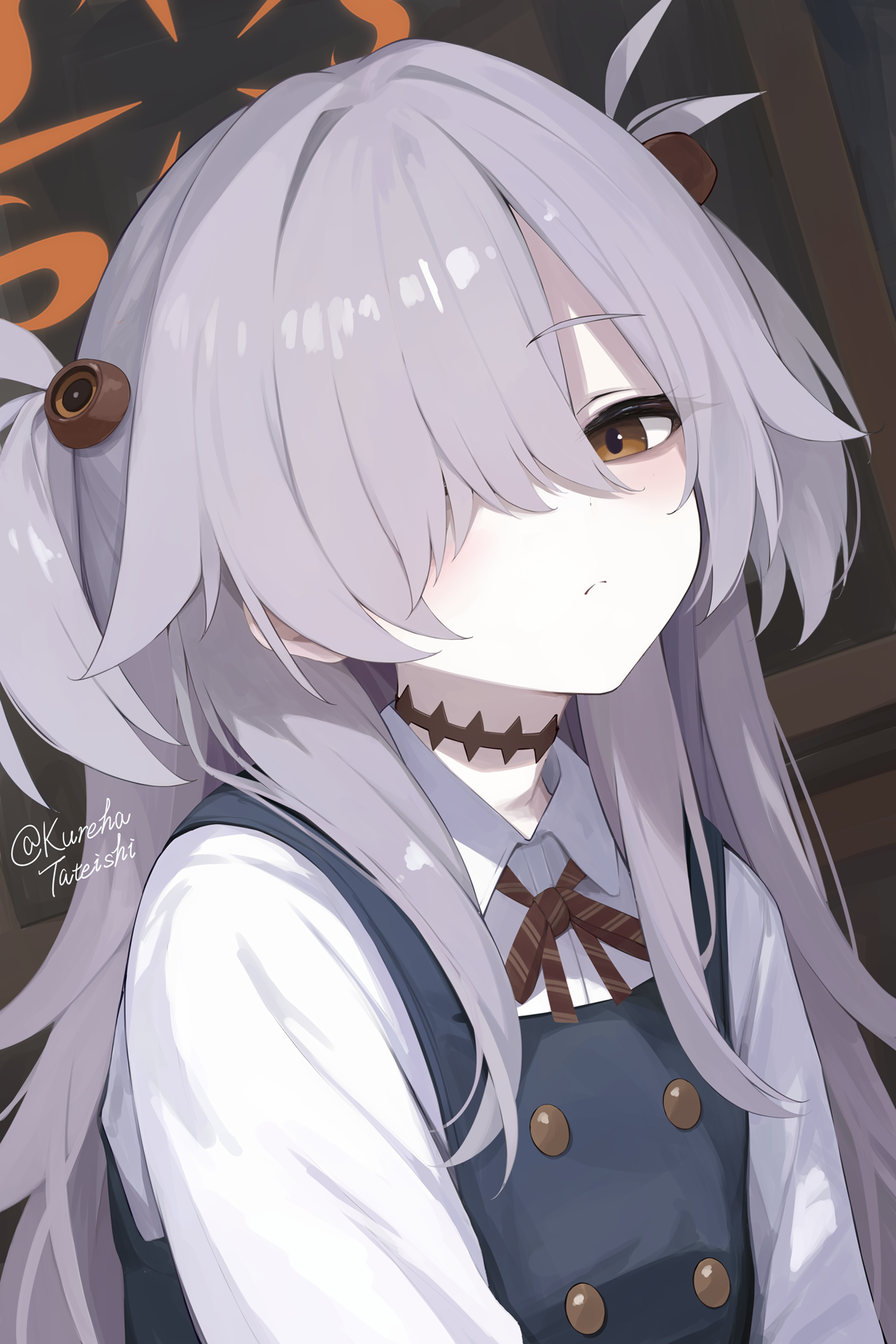 tateishi kureha, kanoe (blue archive), blue archive, highres, 1girl, black dress, blush, brown eyes, closed mouth, dress, grey hair, hair over one eye, halo, long hair, looking at viewer, orange halo, red ribbon, ribbon, shirt, solo, two side up, upper body, white shirt