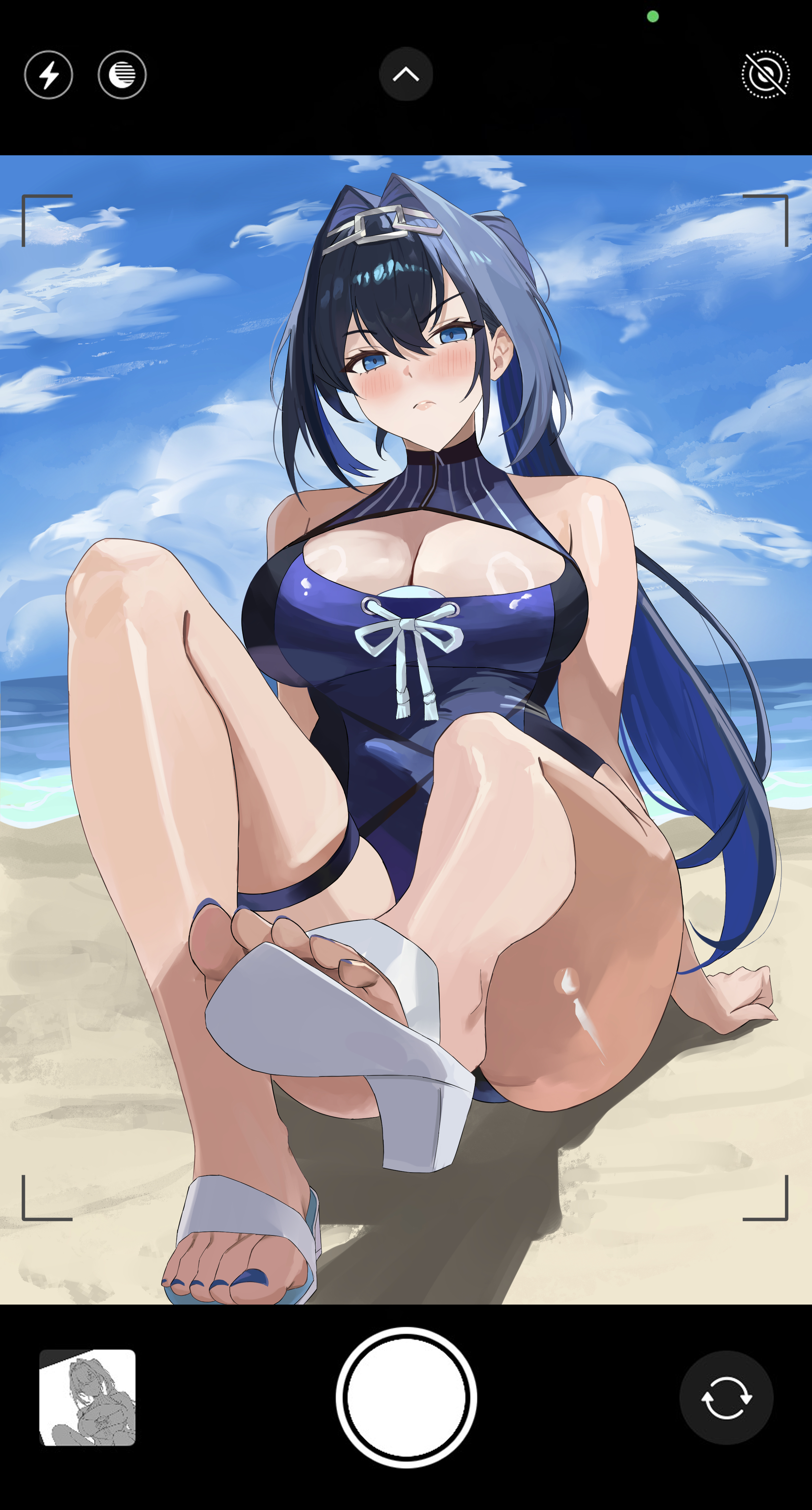 miko 4013, ouro kronii, ouro kronii (holonatsu paradise), hololive, hololive english, absurdres, commentary, highres, 1girl, beach, blue eyes, blue hair, blue nails, blue one-piece swimsuit, blue sky, breasts, cleavage, cloud, day, full body, head chain, jewelry, large breasts, long hair, nail polish, one-piece swimsuit, outdoors, sandals, sitting, sky, solo, swimsuit, thigh strap, thighs, toenail polish, toenails, very long hair, virtual youtuber