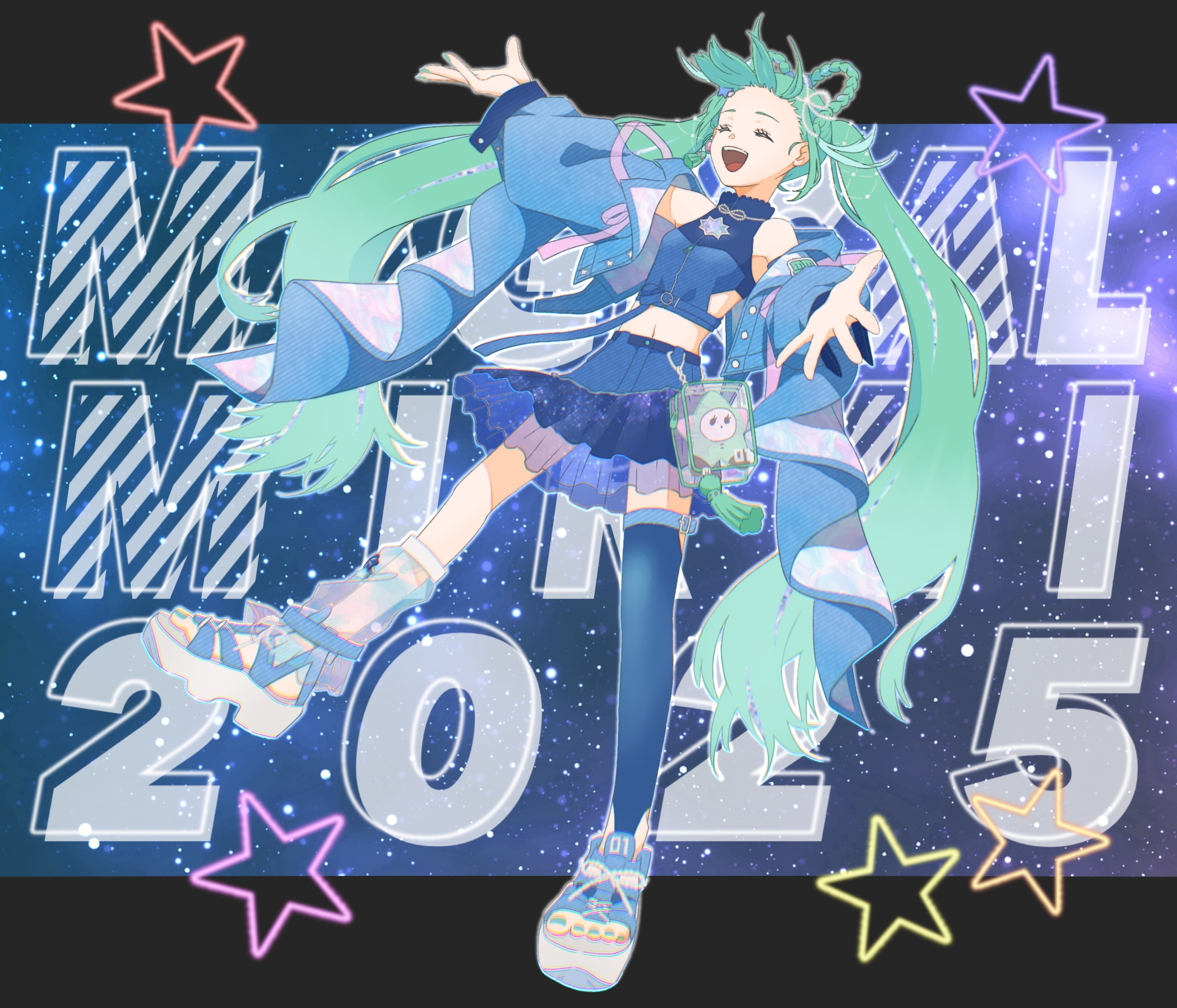 hatsune miku, magical mirai miku, magical mirai miku (2025), magical mirai (vocaloid), vocaloid, highres, 1girl, aqua hair, blue skirt, blue thighhighs, braid, braided hair rings, breasts, closed eyes, crop top, earrings, hair ornament, hair rings, jewelry, long hair, medium breasts, midriff, nail polish, navel, official alternate costume, official alternate hairstyle, open clothes, open mouth, sandals, shirt, single earring, skirt, sleeveless, sleeveless shirt, smile, solo, soujirou (tr10106), star (symbol), star hair ornament, stomach, thighhighs, toenail polish, toenails, twintails, very long hair