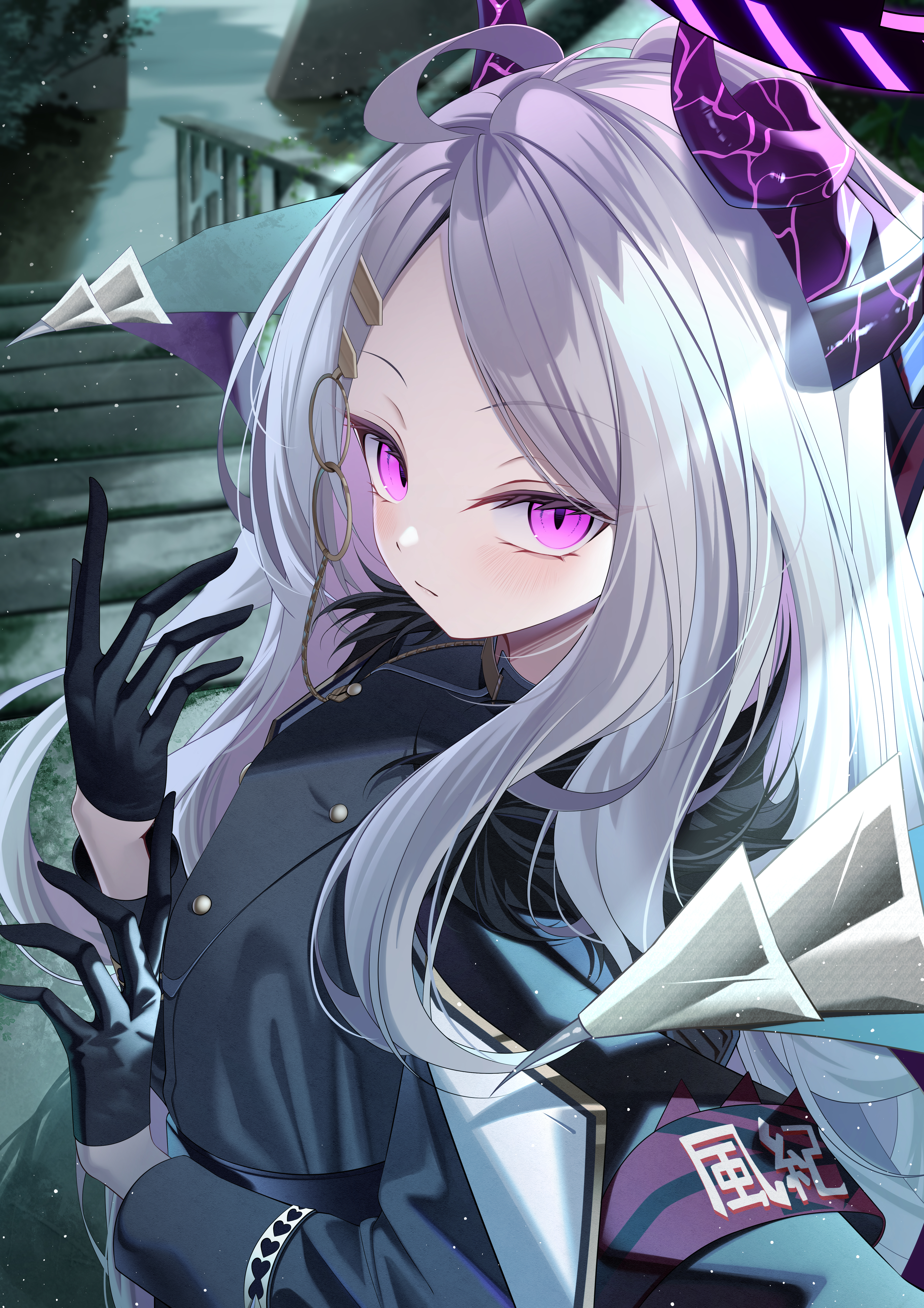 ekidona, hina (blue archive), blue archive, absurdres, highres, 1girl, black gloves, black jacket, blush, closed mouth, demon girl, demon horns, demon wings, double-parted bangs, gloves, grey hair, halo, horns, jacket, long hair, looking at viewer, purple eyes, purple halo, sidelocks, solo, wings