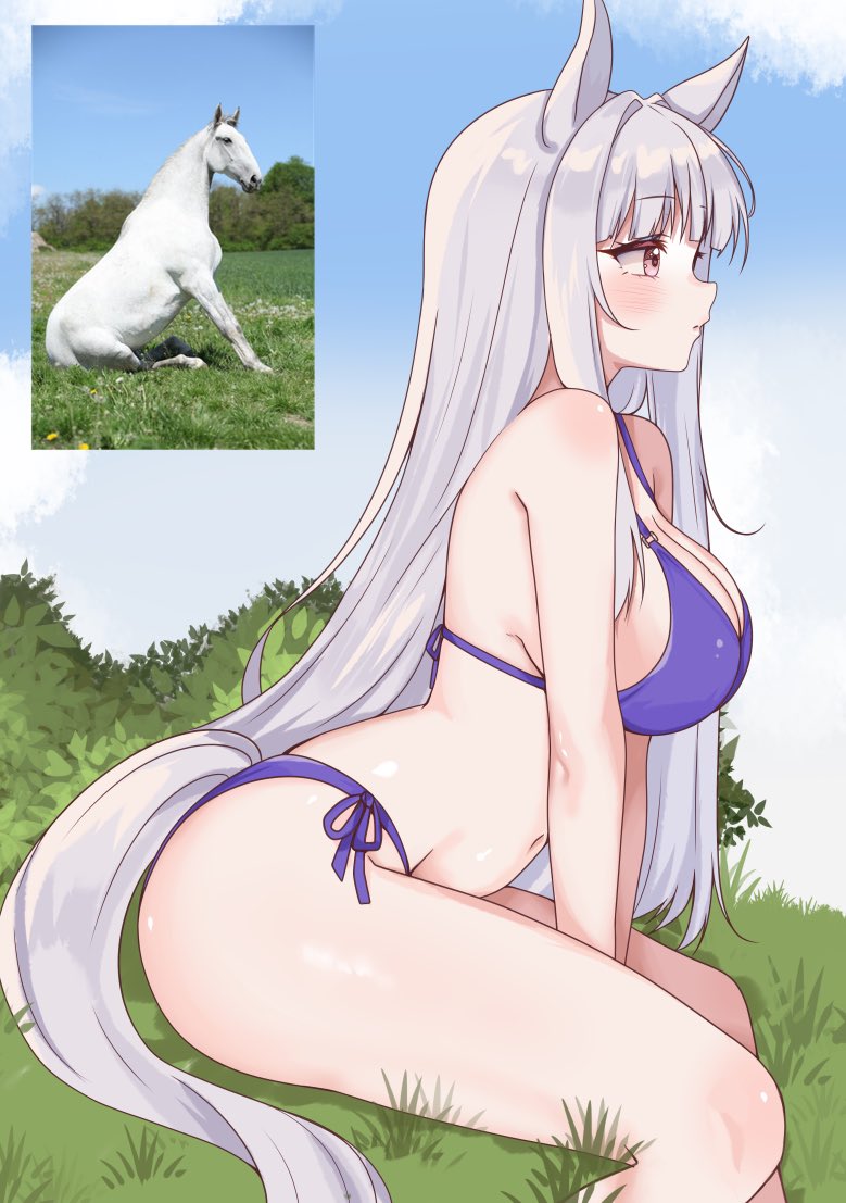 moshiedraws, umamusume, character request, commentary, english commentary, photo-referenced, 1girl, animal ears, bikini, blue sky, breasts, cleavage, closed mouth, feet out of frame, from side, grey tail, horse, horse ears, horse girl, horse tail, large breasts, leaning forward, light blush, long hair, navel, on grass, photo inset, purple bikini, purple eyes, side-tie bikini bottom, sitting, sky, solo, swimsuit, tail, very long hair