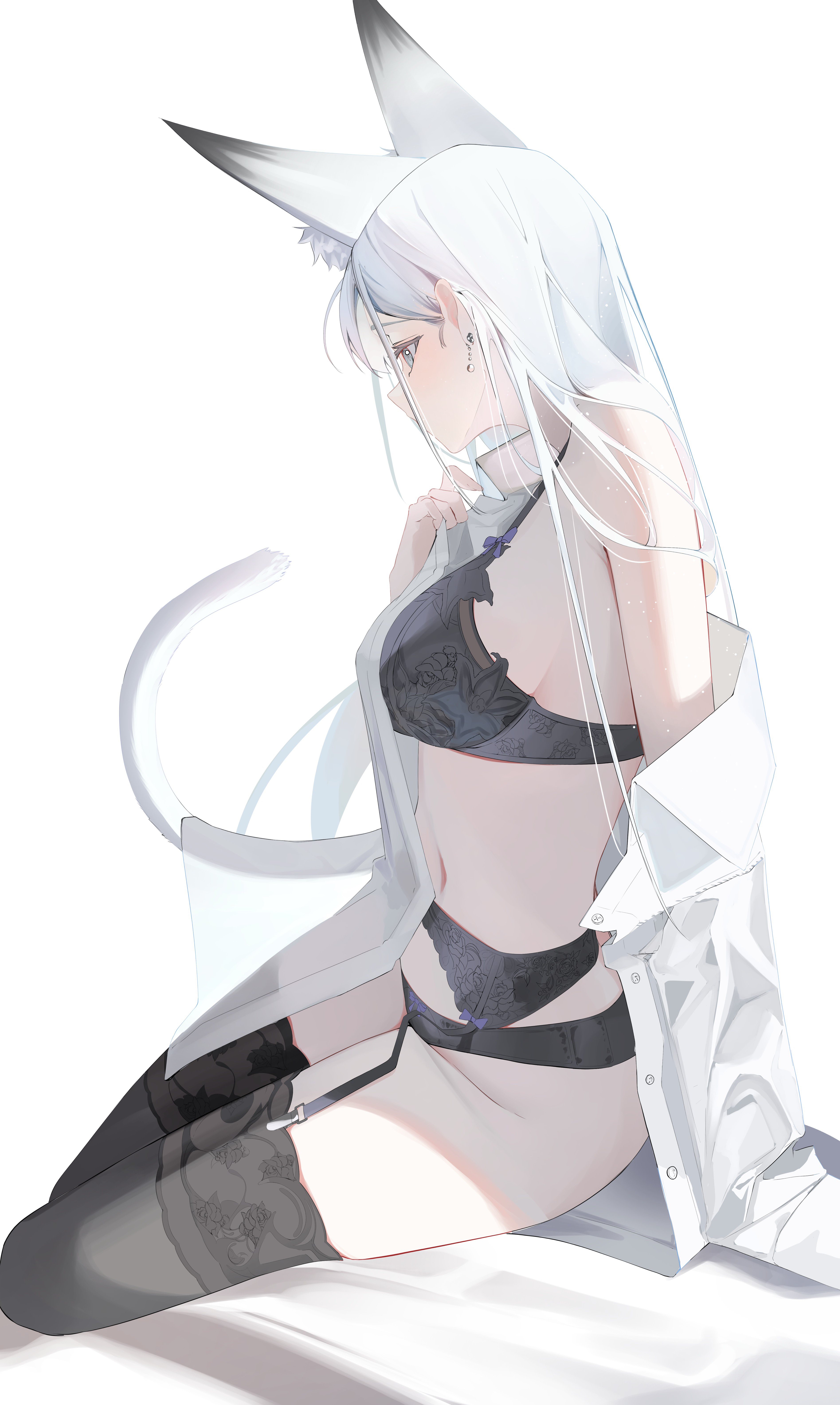 tanishi (hetianming11093), original, absurdres, highres, 1girl, animal ear fluff, animal ears, black bra, black garter belt, black garter straps, black thighhighs, blue eyes, blush, bra, cat ears, cat girl, cat tail, earrings, extra ears, garter belt, garter straps, hair behind ear, jewelry, long hair, navel, open clothes, open shirt, shirt, single bare shoulder, solo, tail, thighhighs, underwear, white hair, white shirt