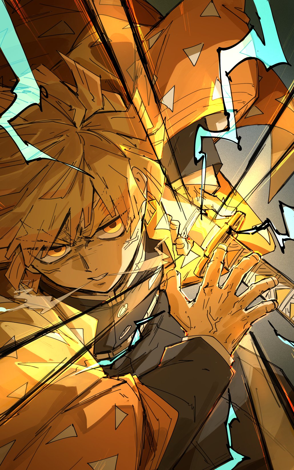 kankan33333, agatsuma zenitsu, kimetsu no yaiba, highres, 1boy, blonde hair, demon slayer uniform, haori, holding, holding sword, holding weapon, jacket, japanese clothes, katana, lightning, long sleeves, male focus, sheath, short hair, solo, sword, triangle print, unsheathing, veins, veiny hands, weapon, yellow eyes, yellow haori