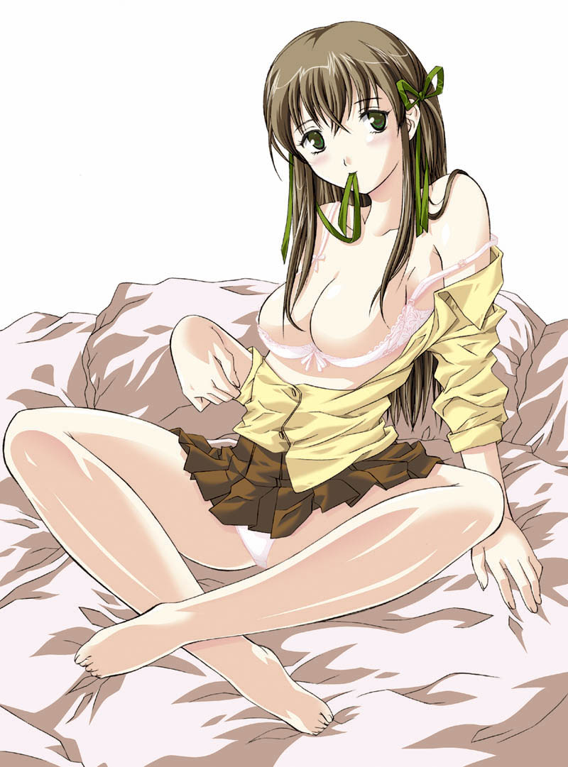 blush, breasts, long hair, open clothes, open shirt, panties, shirt, skirt, underwear