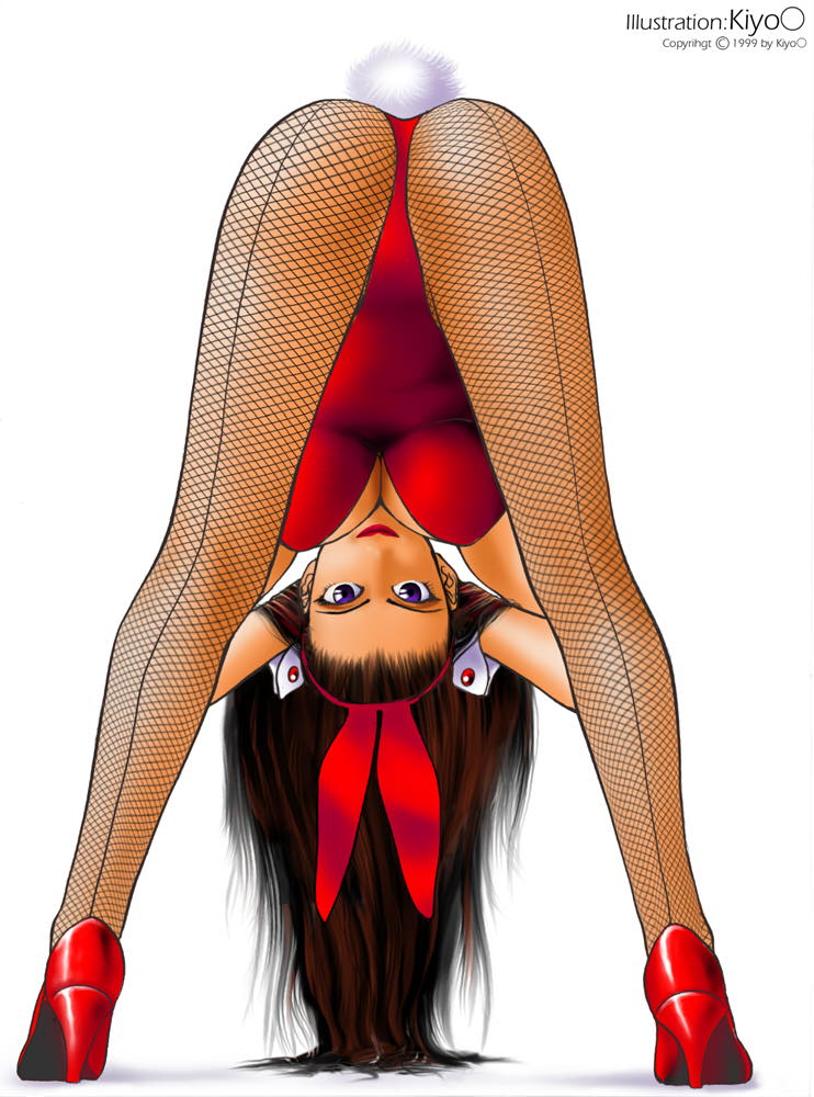 kiyoo, animal ears, ass, bent over, black hair, brown hair, cuffs, fake animal ears, fishnet pantyhose, fishnets, high heels, legs, leotard, long hair, pantyhose, playboy bunny, purple eyes, rabbit ears, shoes, solo, tail, wrist cuffs