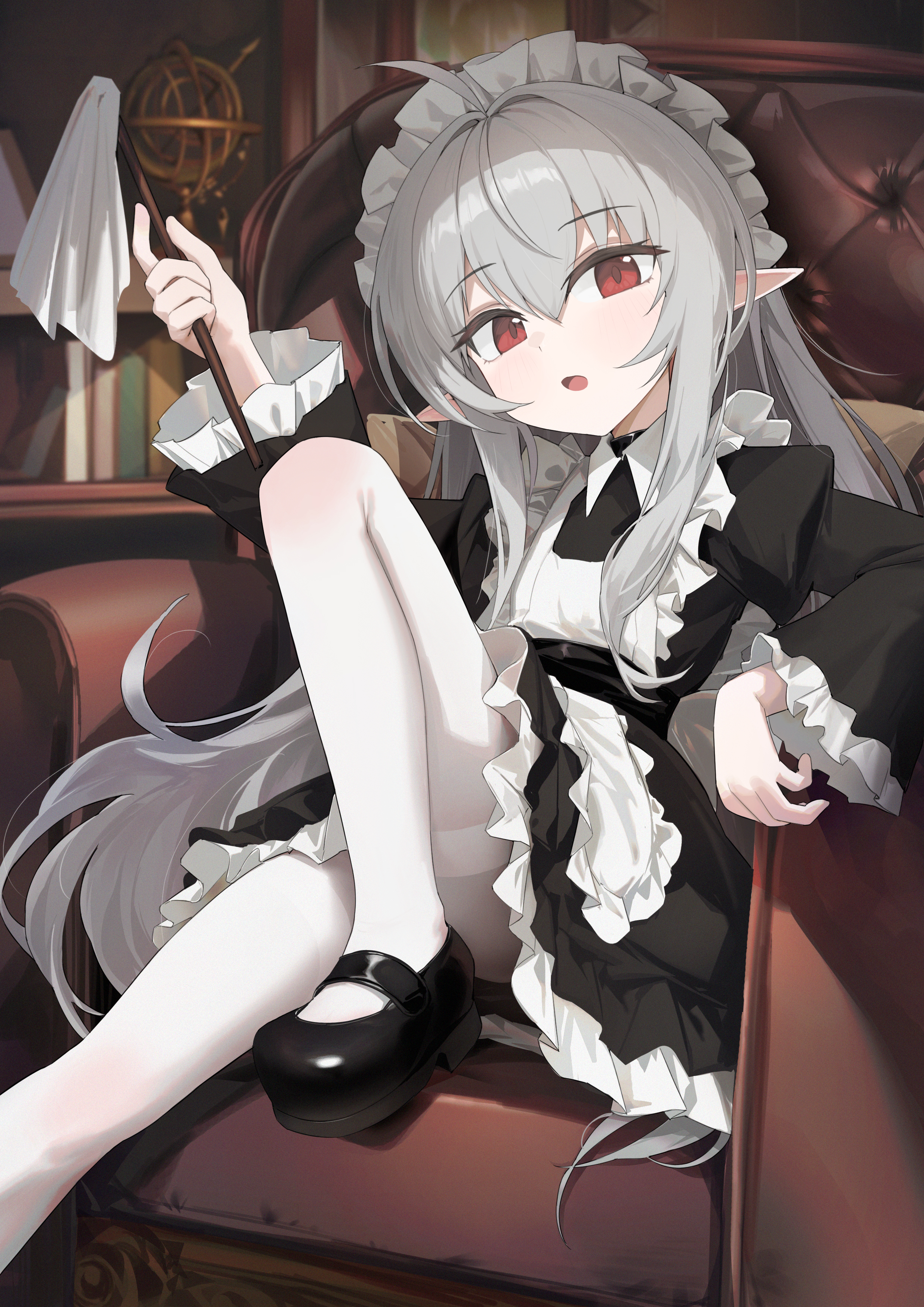 ye yemail, original, absurdres, highres, 1girl, black shoes, duster, elf, holding, holding duster, maid, mary janes, open mouth, pantyhose, pointy ears, red eyes, shoes, white hair, white pantyhose