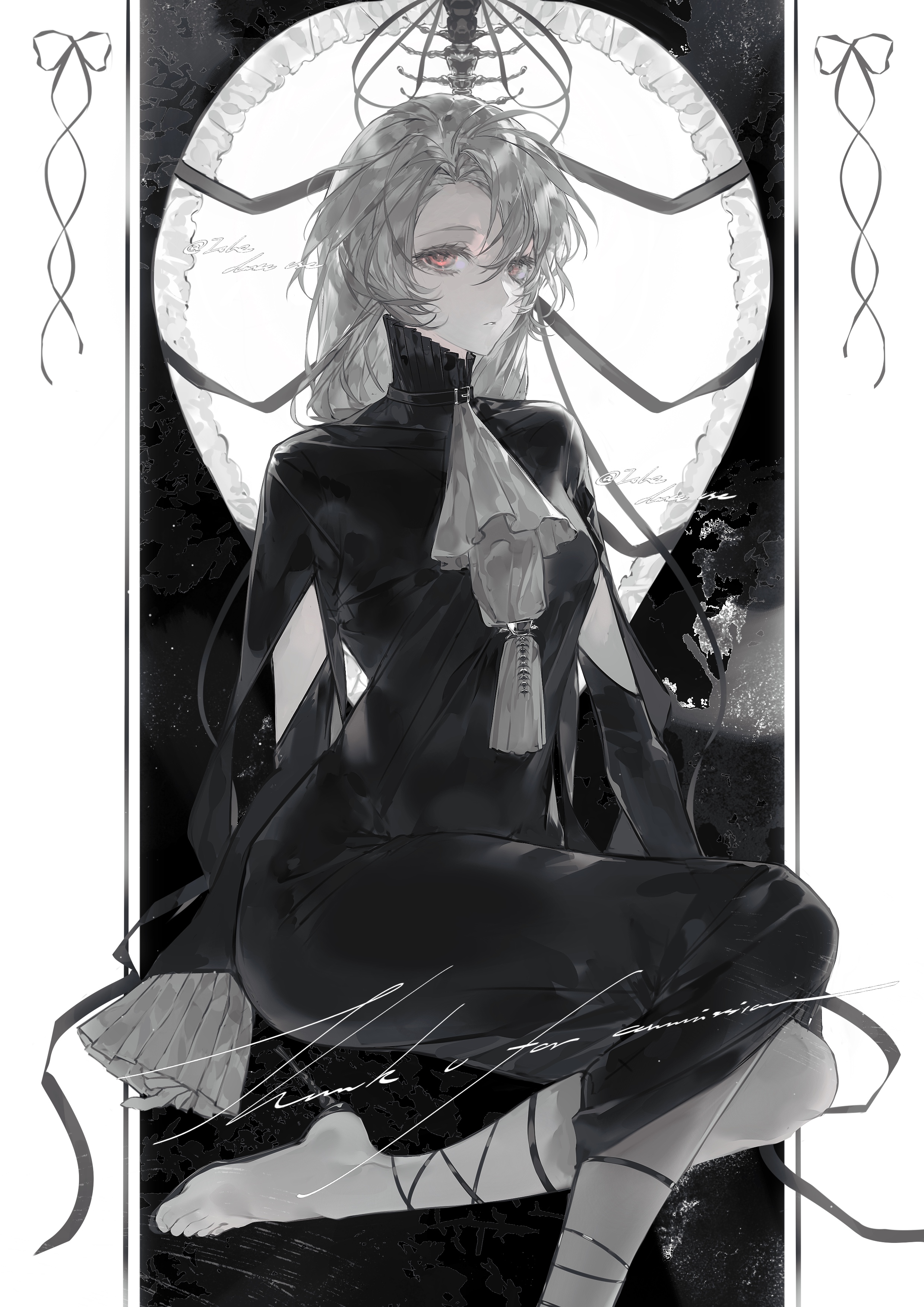 original, absurdres, highres, 1girl, ascot, barefoot, black dress, black ribbon, breasts, center frills, dress, frilled sleeves, frills, grey hair, heilanshuimuchu, leg ribbon, long hair, long sleeves, looking at viewer, moon, parted bangs, red eyes, ribbon, sitting, sleeves past fingers, sleeves past wrists, solo, tassel, very long hair, white ascot