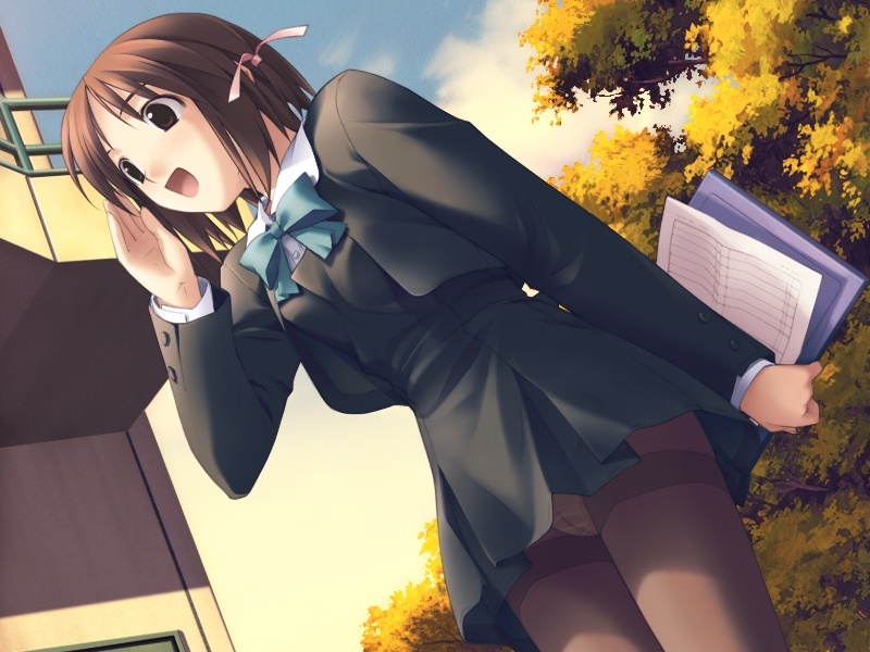hashimoto takashi, asaba nonoka, white breath, 1girl, autumn, autumn leaves, blush, brown eyes, brown hair, building, cloud, crotch seam, day, female focus, hair ribbon, leaf, open mouth, outdoors, panties, panties under pantyhose, pantyhose, pantyshot, ribbon, school uniform, serafuku, short hair, shouting, sky, solo, thighband pantyhose, tree, underwear, upskirt