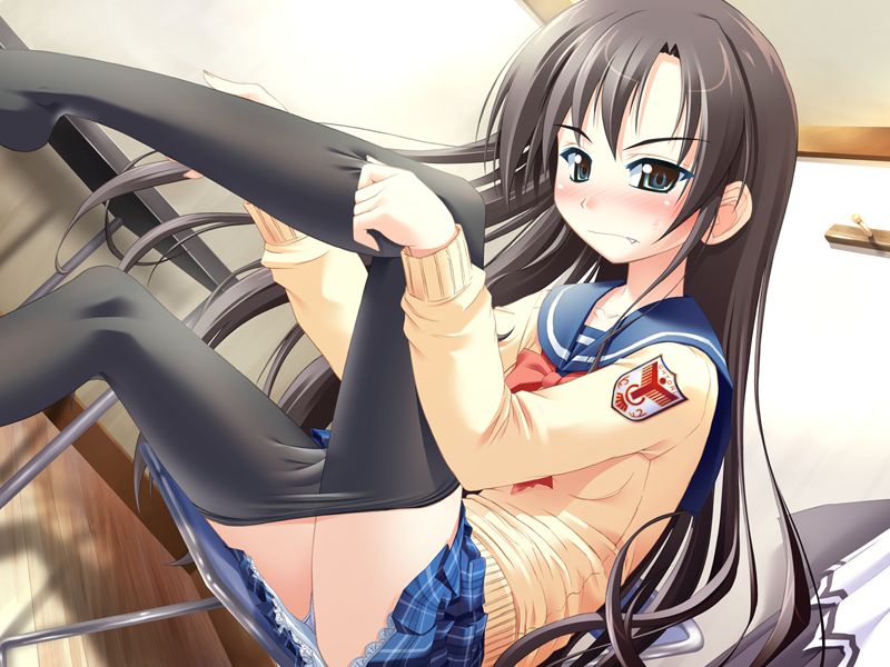 minazuki haruka, miyazono mashiro, mashiro botan, 1girl, blush, brown hair, chair, clothes pull, dressing, fang, female focus, green eyes, long hair, panties, pantyhose, pantyhose pull, school uniform, serafuku, sitting, solo, underwear