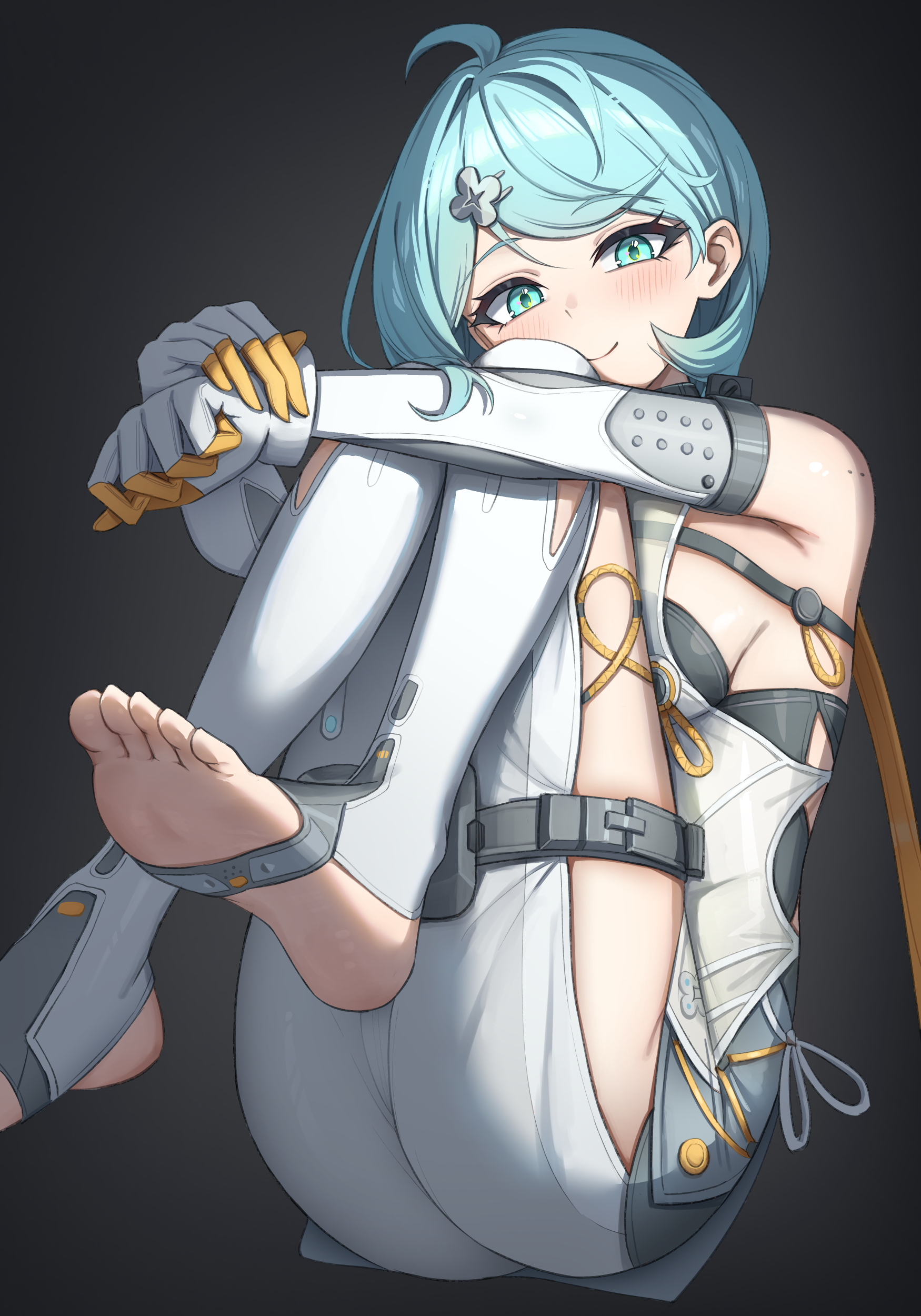 icetea art, seed (zenless zone zero), zenless zone zero, absurdres, highres, 1girl, ahoge, barefoot, blue eyes, blue hair, blush, breasts, closed mouth, elbow gloves, gloves, leotard, looking at viewer, medium breasts, short hair, smile, solo, thigh strap, white gloves, white leotard