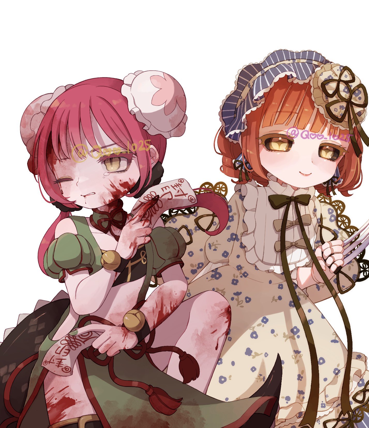 qoo 1025, rionetta, mahou shoujo ikusei keikaku, mahou shoujo ikusei keikaku restart, highres, 2girls, @nyannyan, blood, bow, bowtie, chinese clothes, claws, doll joints, double bun, dress, frilled dress, frilled hairband, frills, hair bun, hair ornament, hairband, hime cut, joints, lolita fashion, magical girl, multiple girls, ofuda, one eye closed, orange hair, pink hair, ribbon, short hair, smile, tassel, yellow eyes