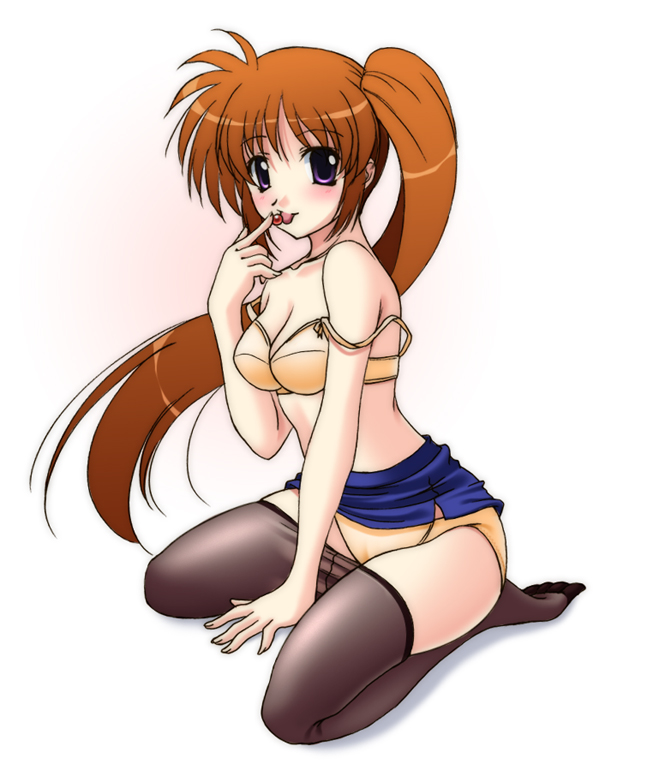 nanoha, narutaki shin, raising heart, raising heart (standby mode), takamachi nanoha, lyrical nanoha, mahou shoujo lyrical nanoha, mahou shoujo lyrical nanoha strikers, 00s, 1girl, bare shoulders, blush, bra, breasts, crotch seam, female focus, lingerie, long hair, midriff, panties, pantyhose, ponytail, skirt, solo, underwear, undressing