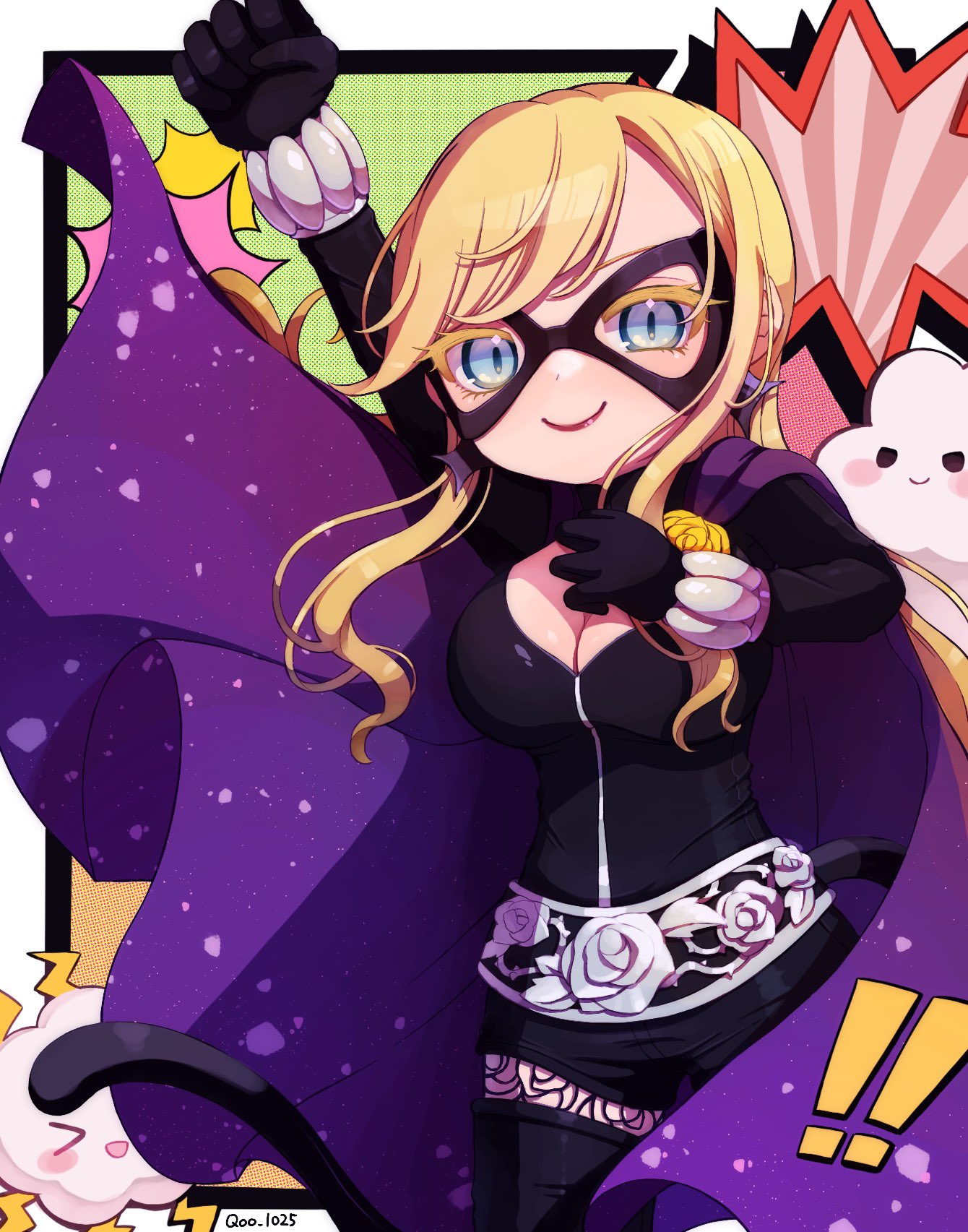 qoo 1025, masked wonder, mahou shoujo ikusei keikaku, mahou shoujo ikusei keikaku restart, highres, !, !!, 1girl, blonde hair, blue eyes, breasts, cat tail, cleavage, clenched hand, cloak, cloud, large breasts, long hair, mask, purple cloak, smile, tail