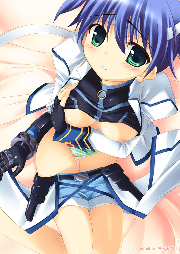 kouzuki hajime, revolver knuckle, subaru nakajima, lyrical nanoha, mahou shoujo lyrical nanoha, mahou shoujo lyrical nanoha strikers, 00s, 1girl, blush, breasts, clothes lift, female focus, medium breasts, nipples, panties, shirt lift, short hair, shorts, solo, striped clothes, striped panties, underwear