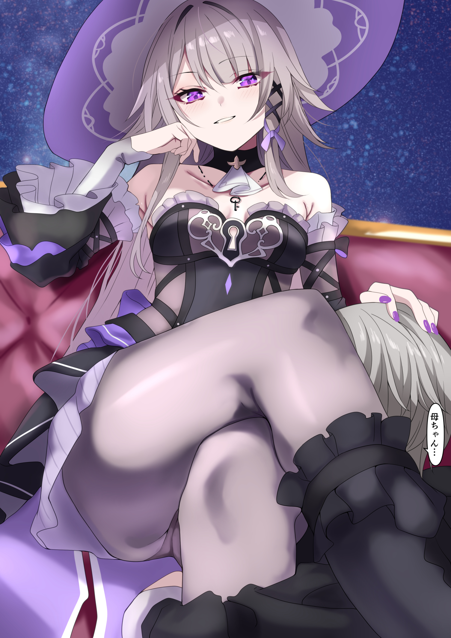 tonomiya68, herta (honkai: star rail), the herta (honkai: star rail), honkai: star rail, honkai (series), commentary request, highres, 1girl, bare shoulders, black boots, black dress, black pantyhose, boots, breasts, brown hair, couch, crossed legs, detached sleeves, dress, grin, hat, long hair, looking at viewer, on couch, pantyhose, purple eyes, sitting, small breasts, smile, solo, very long hair, witch hat
