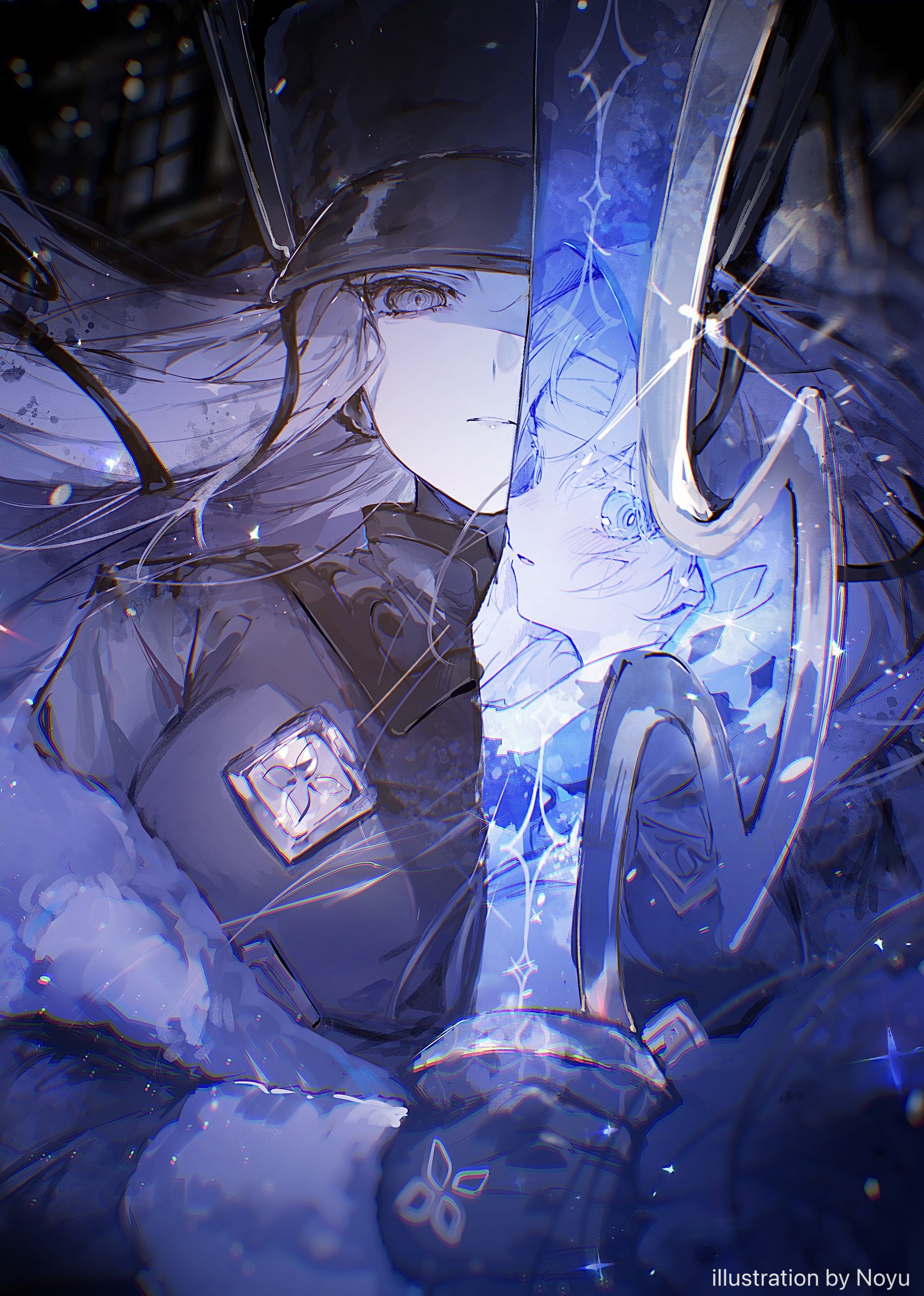 noyu (noyu23386566), original, absurdres, highres, 1girl, black gloves, blue eyes, blue theme, coat, fur-trimmed coat, fur trim, gloves, grey eyes, hat, holding, holding scissors, holding sword, holding weapon, long hair, looking at viewer, military uniform, multiple girls, parted lips, scissors, sword, upper body, weapon