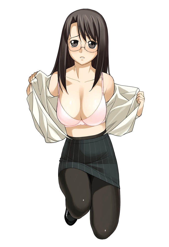blush, breasts, glasses, long hair, open clothes, open shirt, pantyhose, shirt, skirt