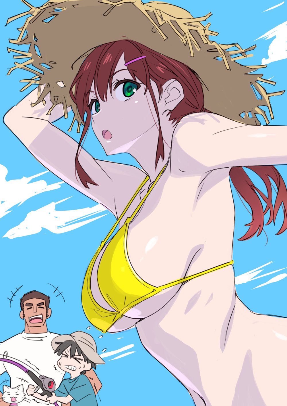 suzutsuki kurara, chinatsu (suzutsuki kurara), original, commentary request, highres, > <, +++, 1girl, 2boys, bikini, blue sky, breasts, brown hair, brown hat, clenched teeth, daichi (suzutsuki kurara), fishing rod, green eyes, hair ornament, hairclip, hat, holding, holding fishing rod, large breasts, multiple boys, navel, open mouth, sky, solo focus, strap gap, straw hat, sun hat, swimsuit, teeth, upper body, yellow bikini