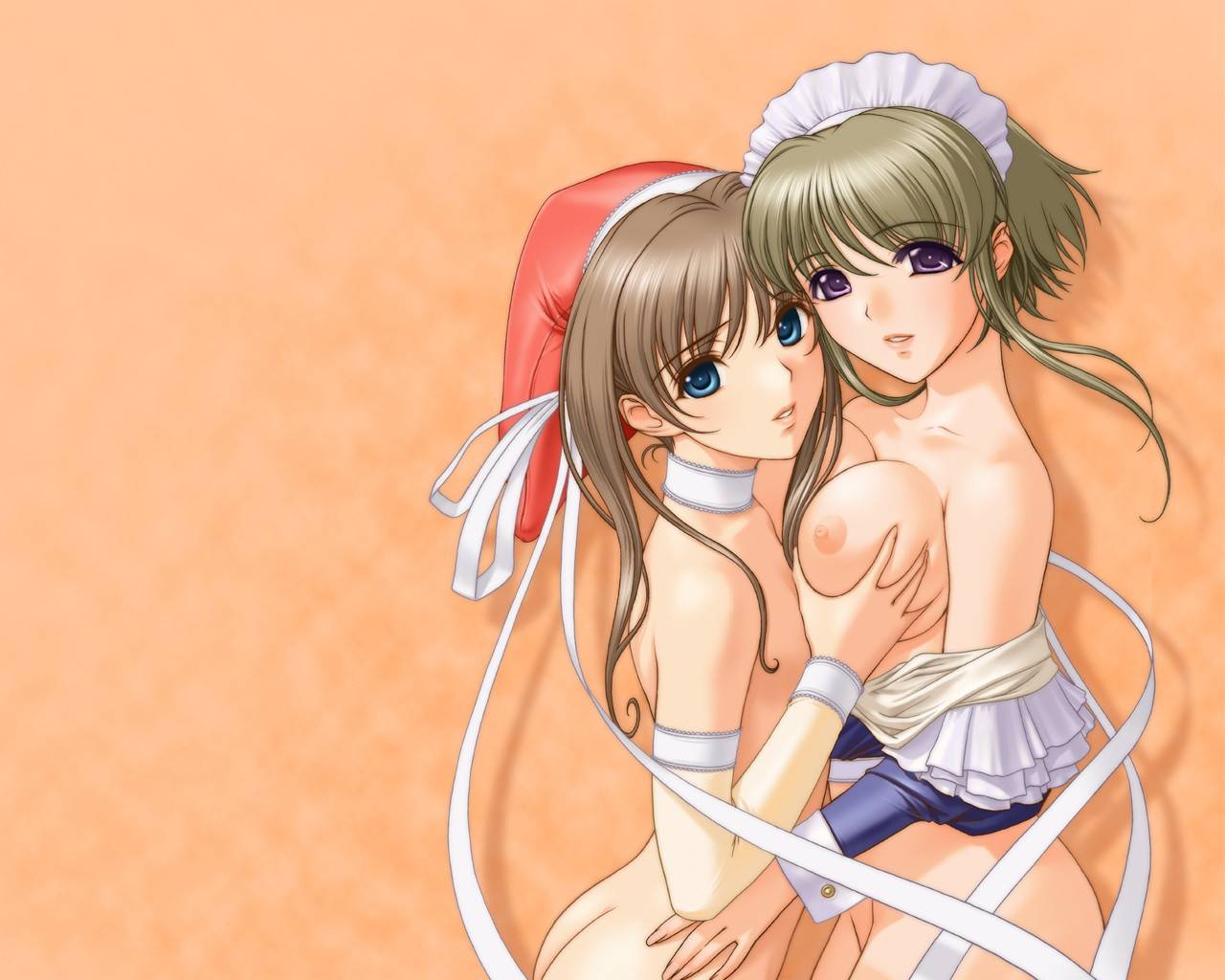 2girls, breasts, brown hair, maid, multiple girls, no panties, nude