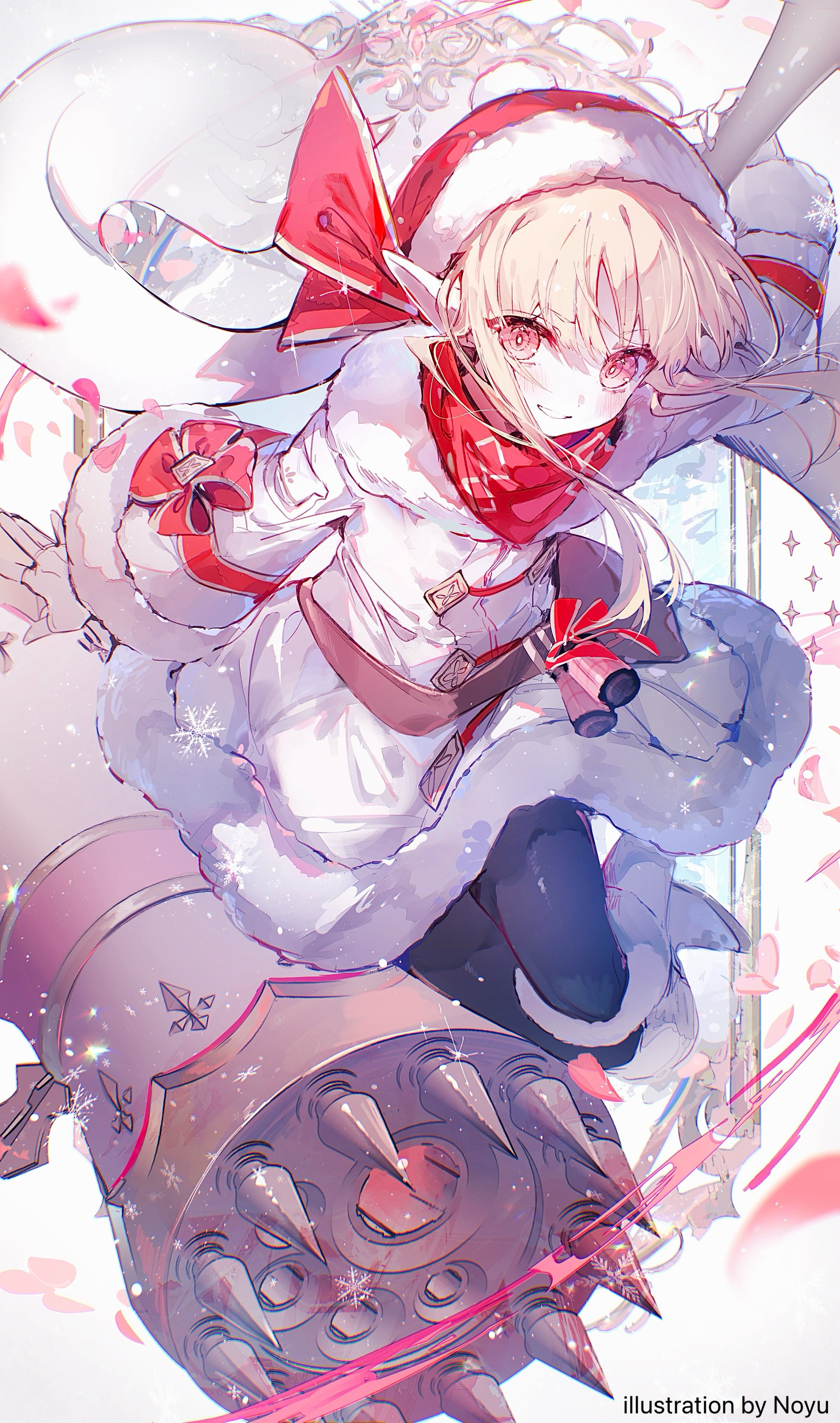 noyu (noyu23386566), original, absurdres, highres, 1girl, bell, black pantyhose, blonde hair, blush, boots, bow, coat, dress, fur-trimmed dress, fur trim, gloves, long hair, long sleeves, looking at viewer, pantyhose, petals, red eyes, red ribbon, red scarf, ribbon, scarf, sidelocks, smile, solo, white coat, white gloves, winter clothes, winter coat
