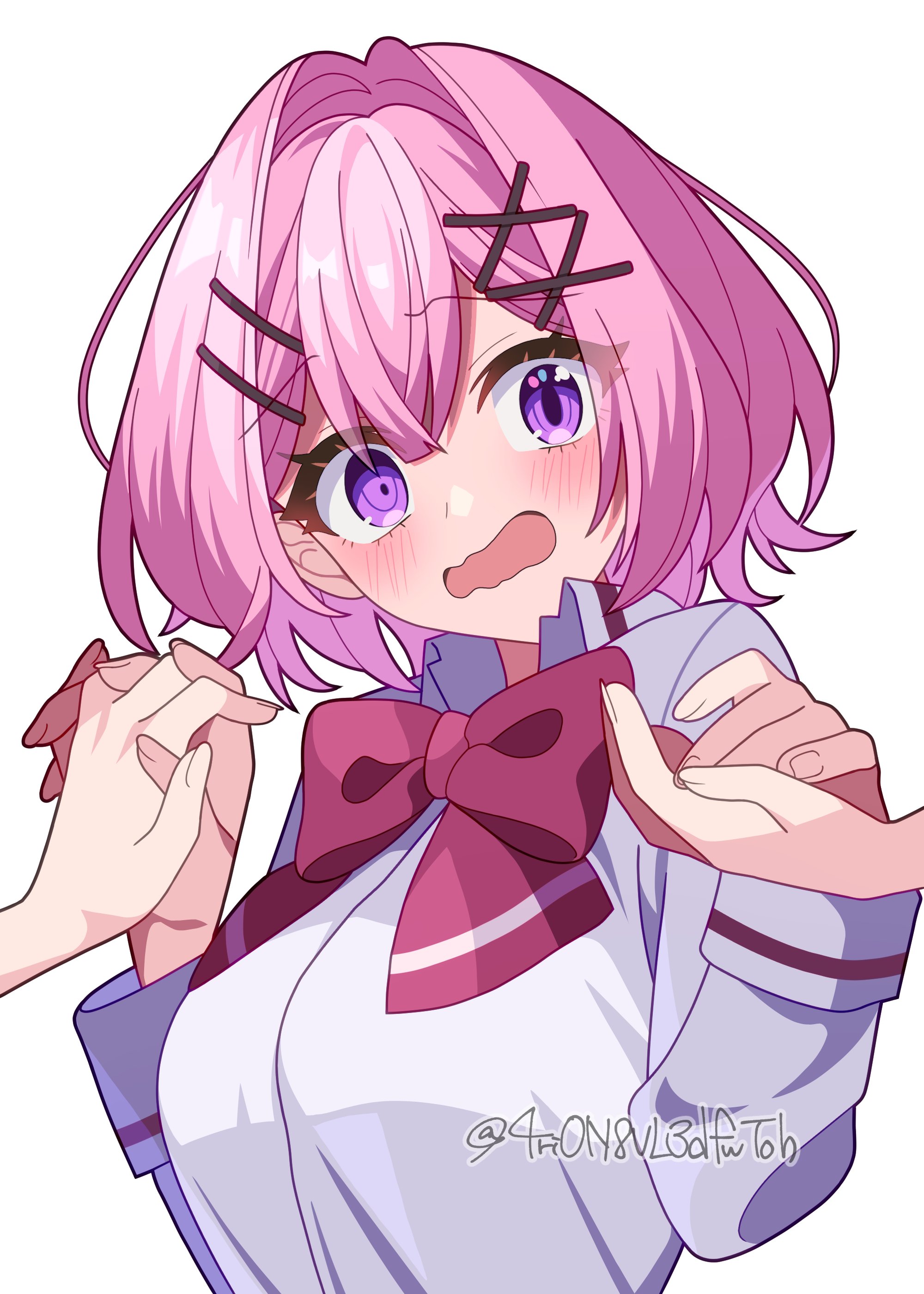 4rion, amaori renako, watashi ga koibito ni nareru wake naijan murimuri!, absurdres, commentary, highres, 3girls, ashigaya high school uniform, blush, bow, bowtie, breasts, collared shirt, double-parted bangs, dress shirt, hair intakes, hair ornament, hairclip, holding hands, large breasts, long sleeves, multiple girls, open mouth, out of frame, parallel hairclips, pink hair, purple eyes, red bow, red bowtie, school uniform, shirt, short hair, simple background, solo focus, twitter username, wavy mouth, white background, white shirt, x hair ornament, yuri